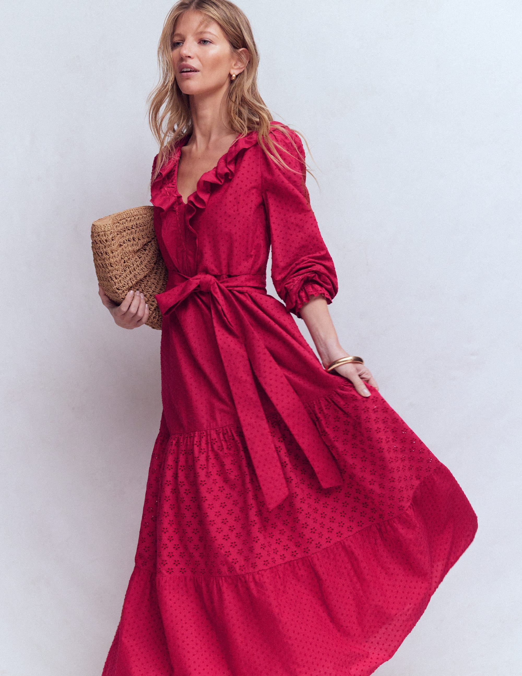 Baumwollkleid mit Rüschen vorn-Persischrot