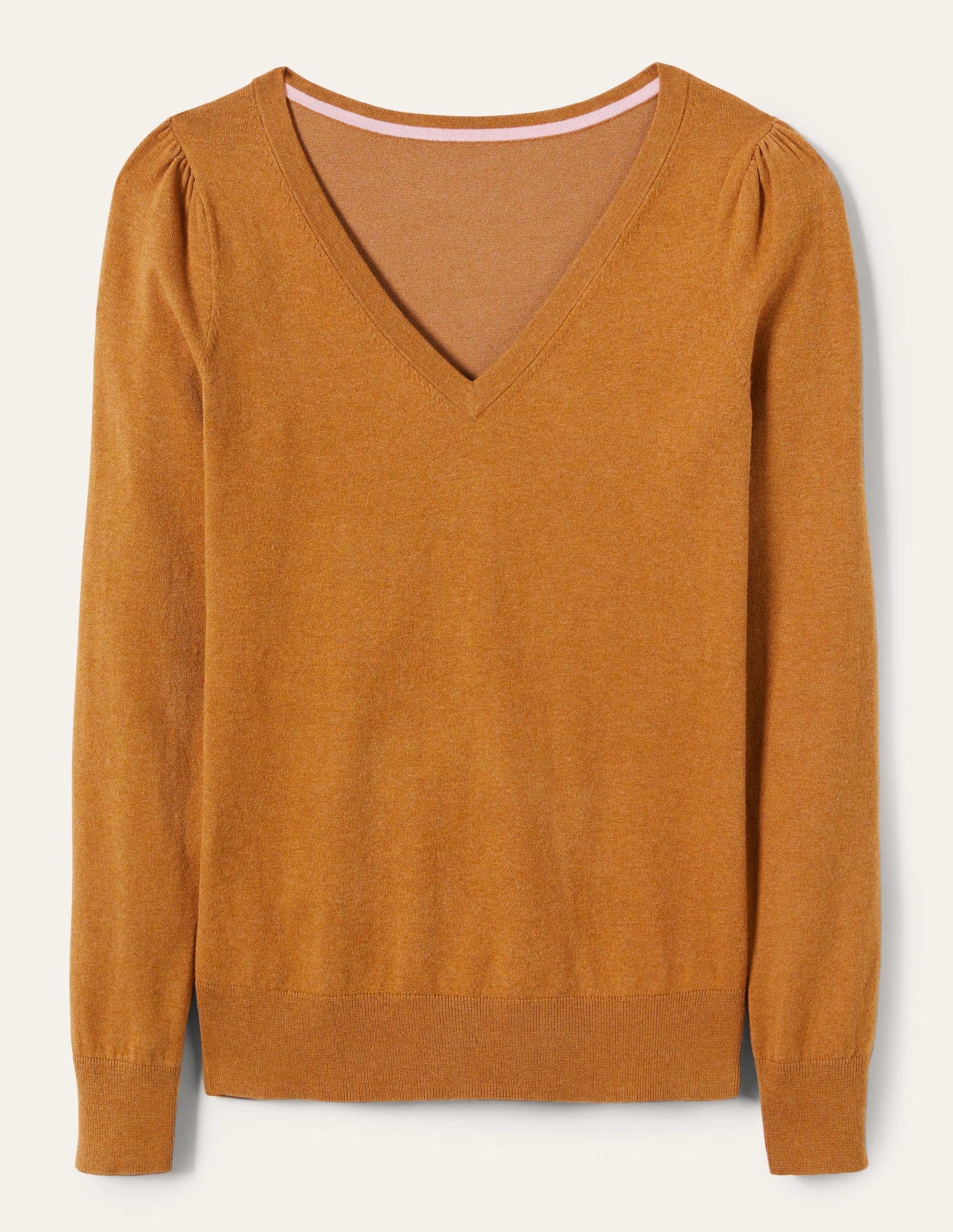 Baumwollpullover mit V-Ausschnitt-Karamellbonbonbraun Melange - Image 10