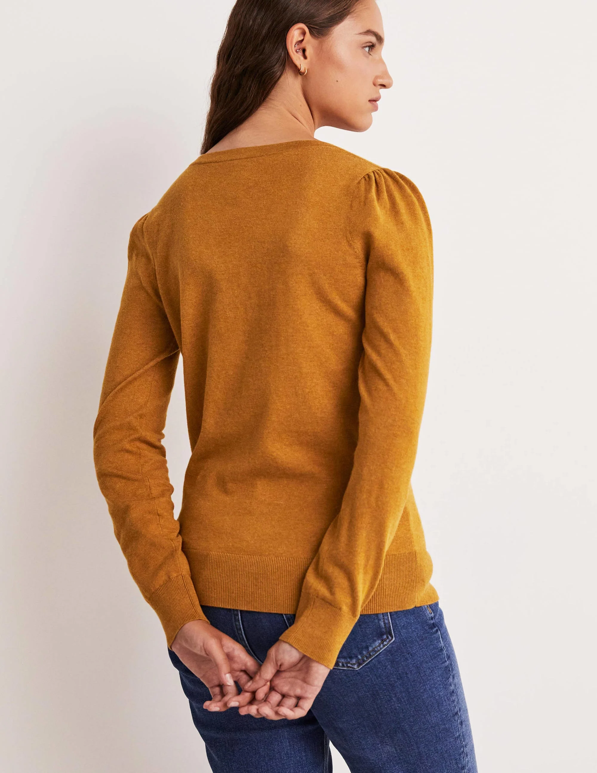 Baumwollpullover mit V-Ausschnitt-Karamellbonbonbraun Melange - Image 3