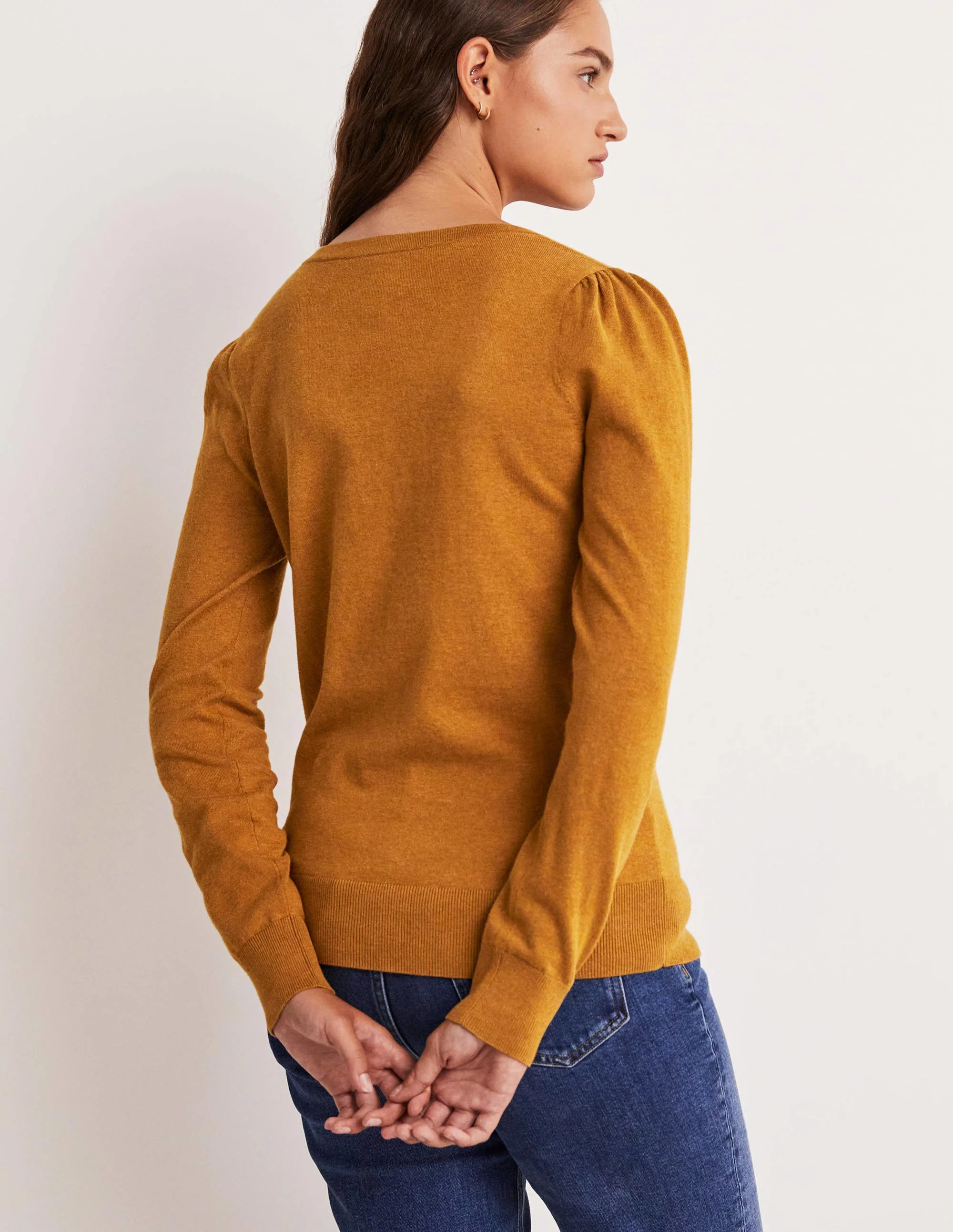 Baumwollpullover mit V-Ausschnitt-Karamellbonbonbraun Melange - Image 8