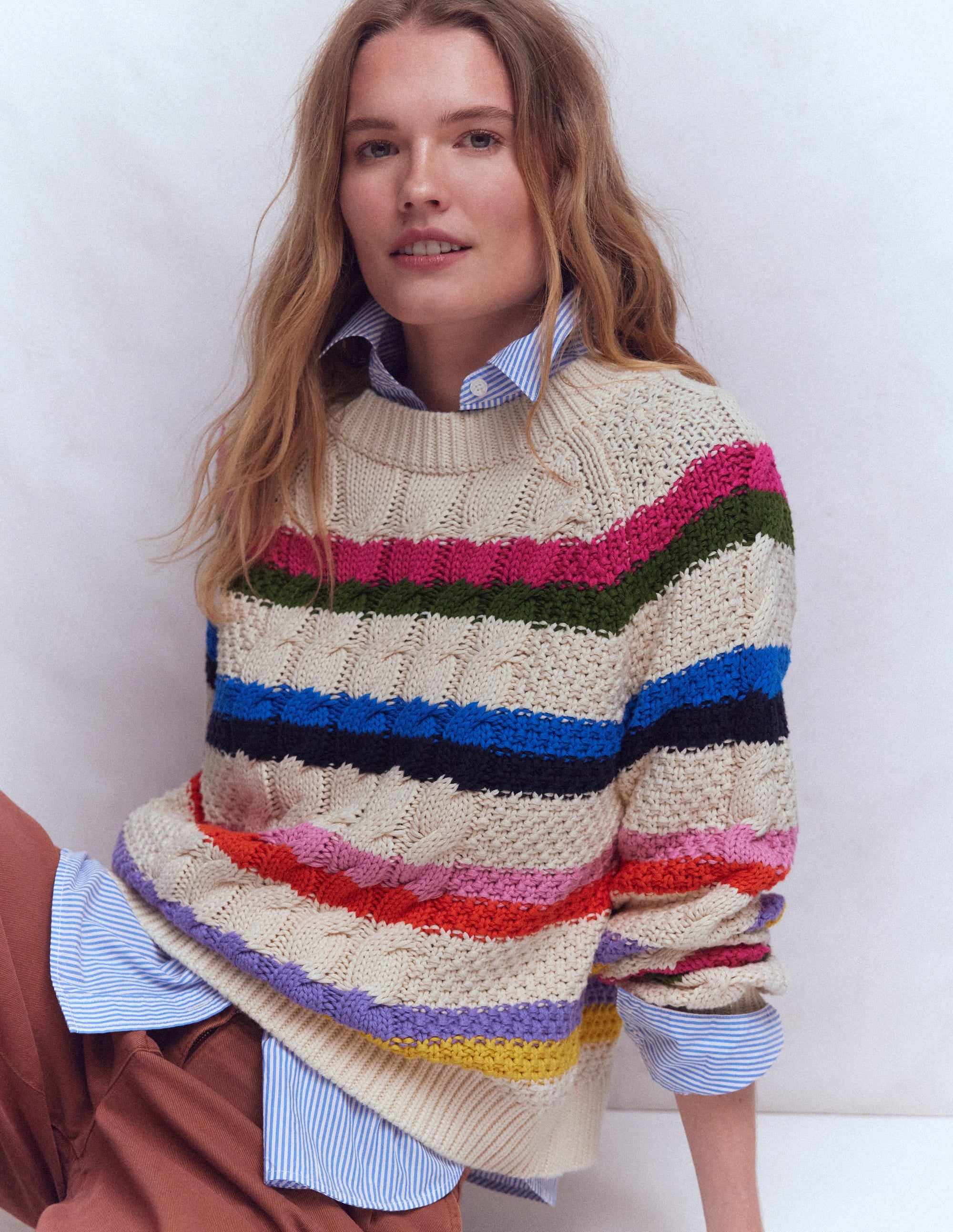 Baumwollpullover mit Zopfmuster-Warmes Naturweiß, Regenbogen