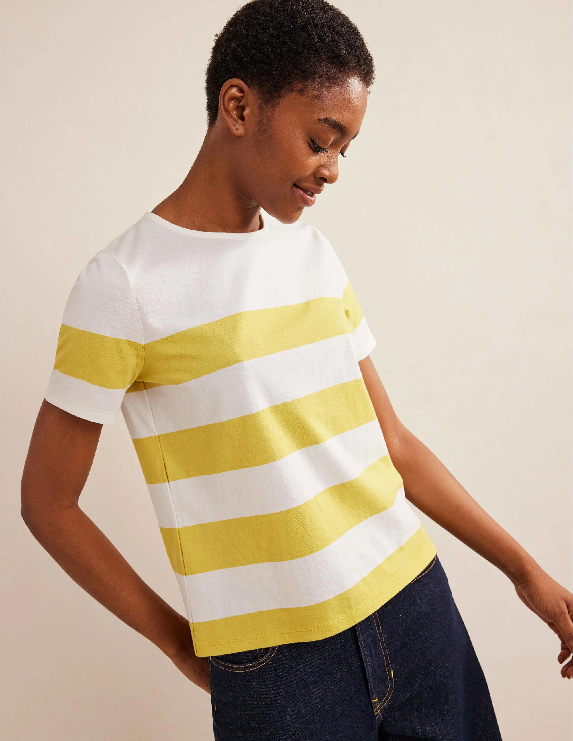 Bea Breton-Shirt mit kurzen Ärmeln-Süßes Honiggelb/Naturweiß, Gestreift