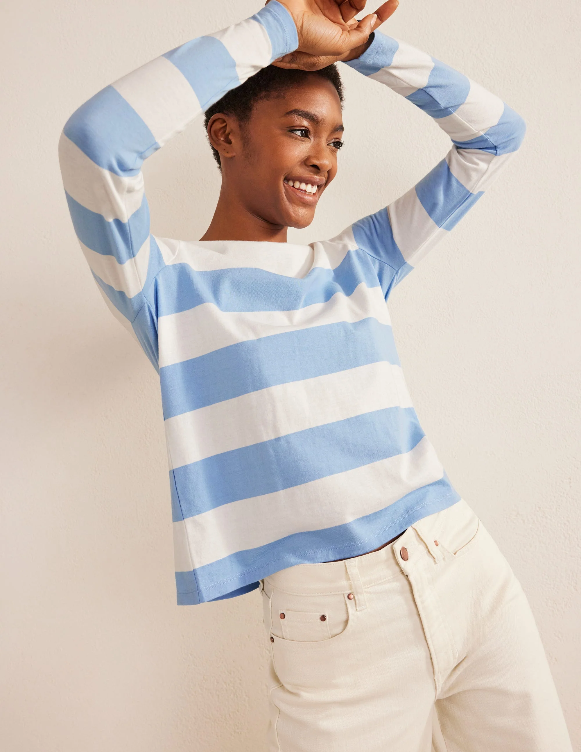 Bea Breton-Shirt mit langen Ärmeln-Flachsblau/Naturweiß, Breite Streifen
