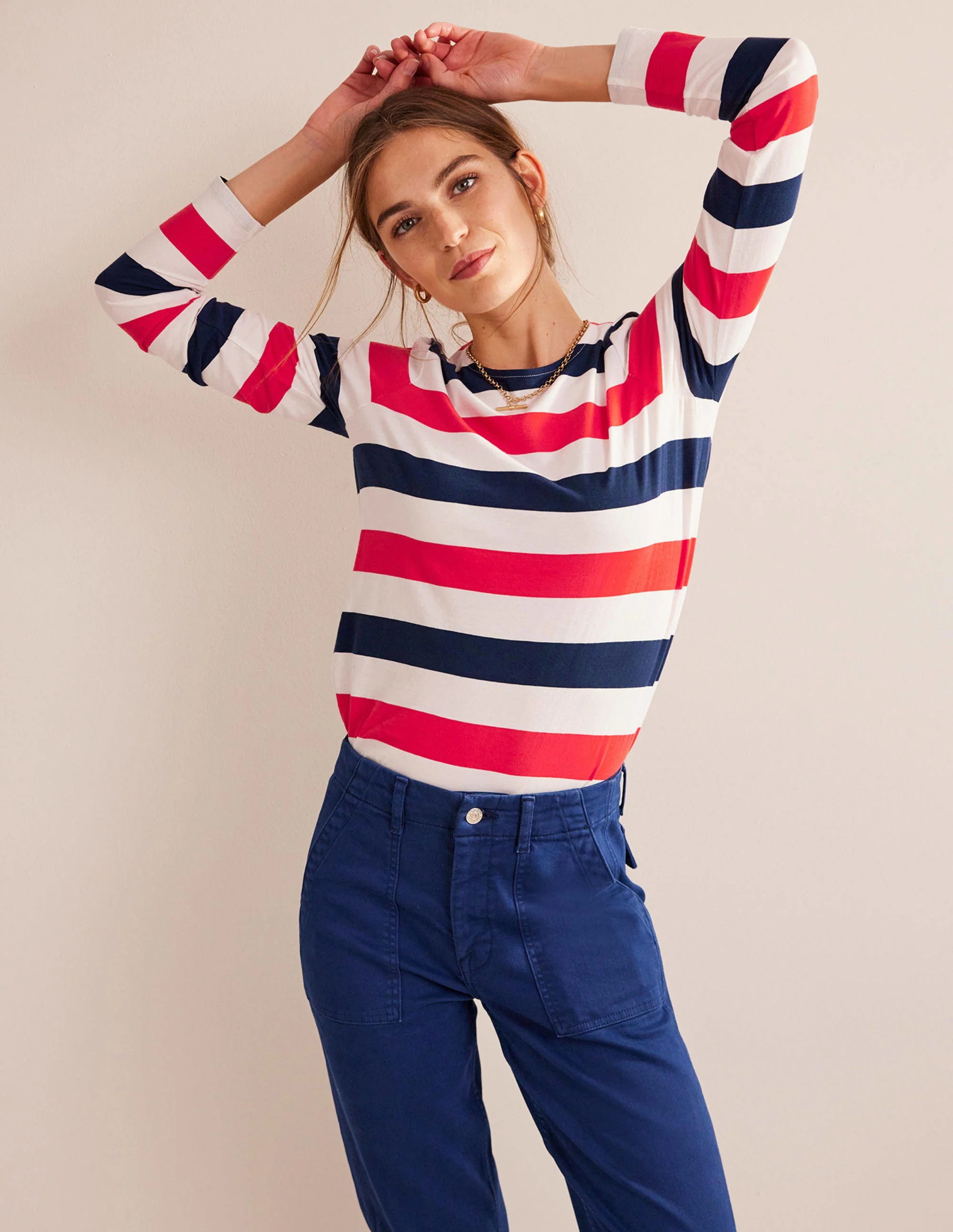 Bea Breton-Shirt mit langen Ärmeln-Kirschrot und Marineblau