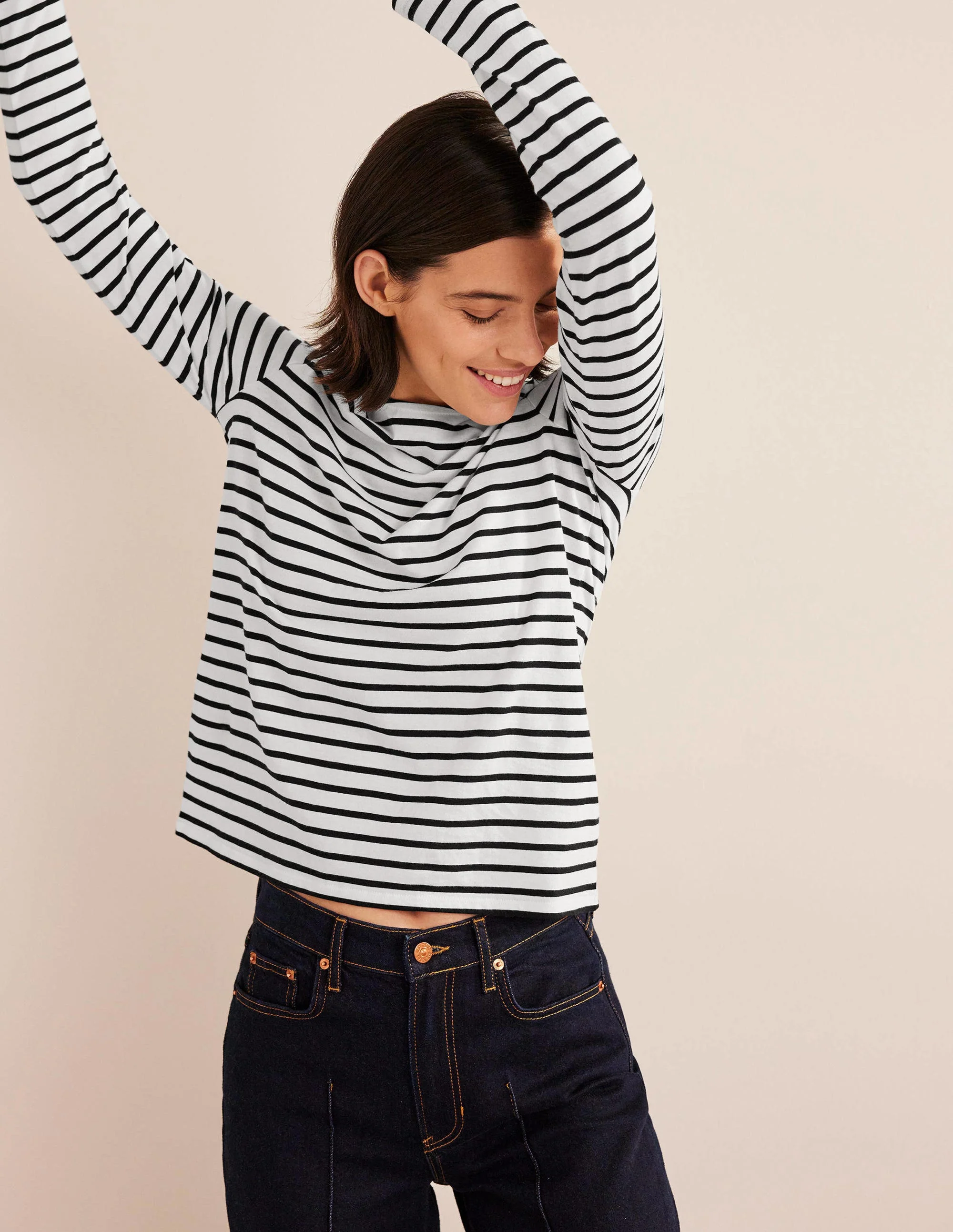 Bea Breton-Shirt mit langen Ärmeln-Naturweiß, Schwarz