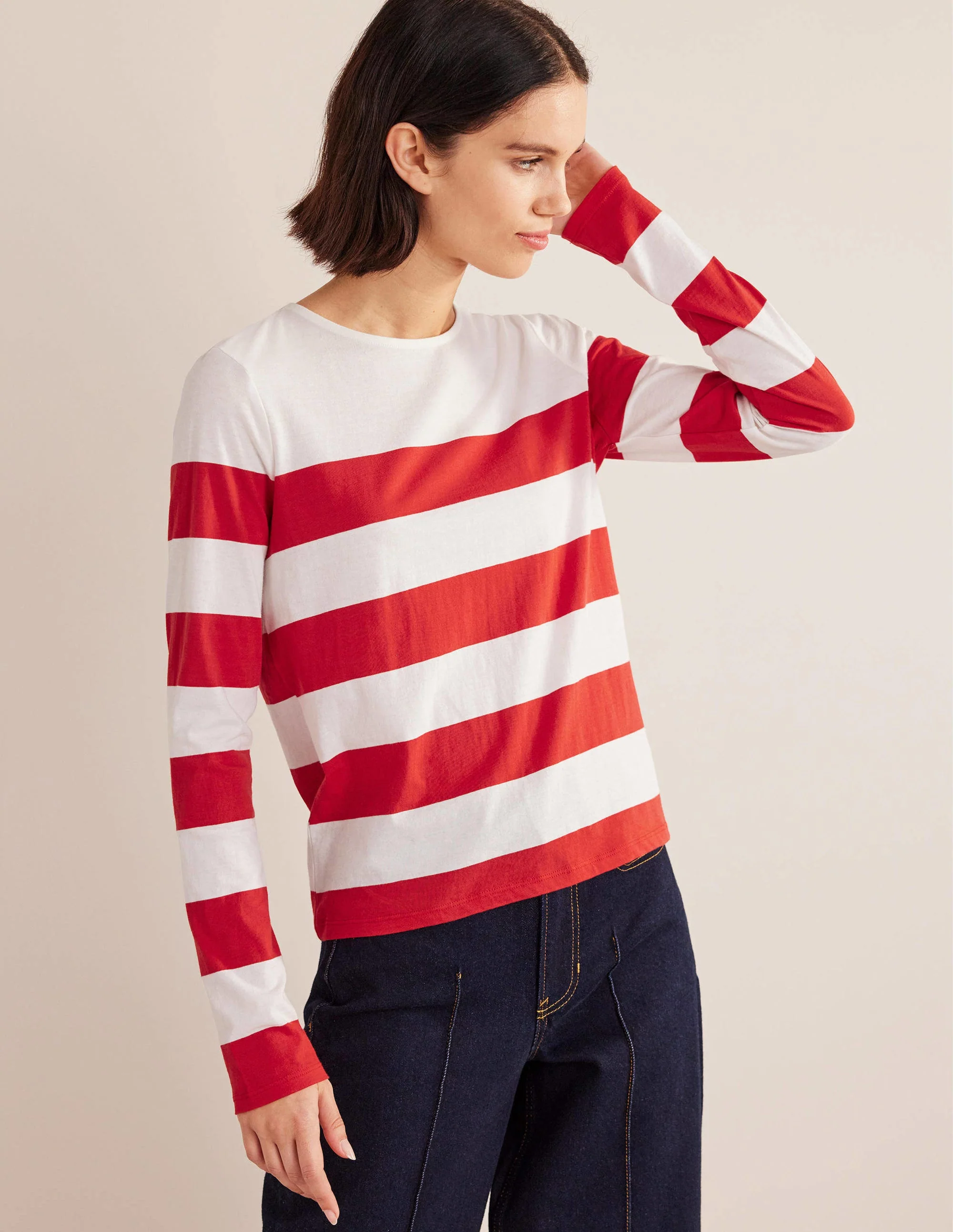 Bea Breton-Shirt mit langen Ärmeln-Rot/Naturweiß, Breite Streifen