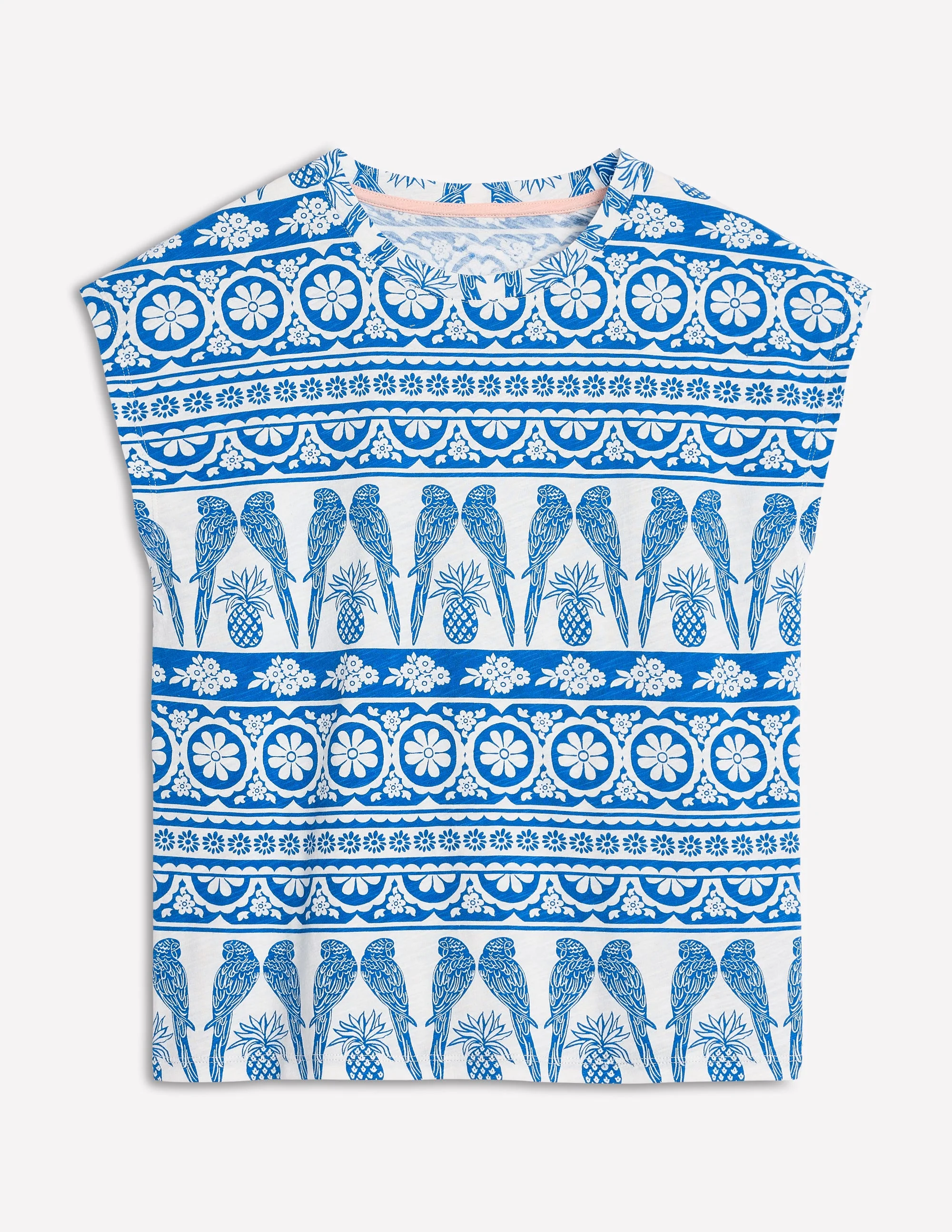 Bedrucktes T-Shirt mit Flammgarn-Himmelblau, Tropische Ornamente - Image 5