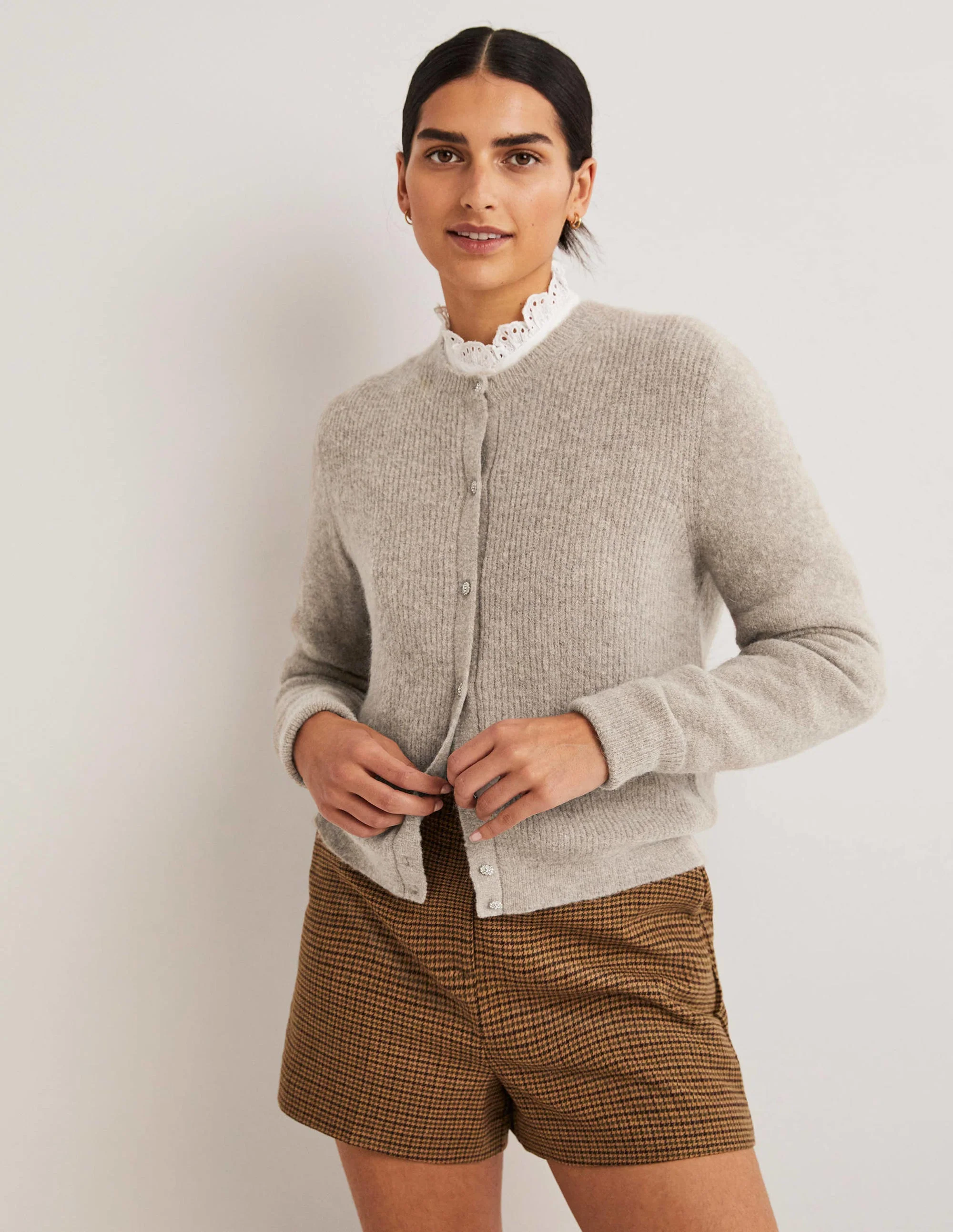 Beige Jewel Button Fluffy Cardigan-Nerzbraun Melange
