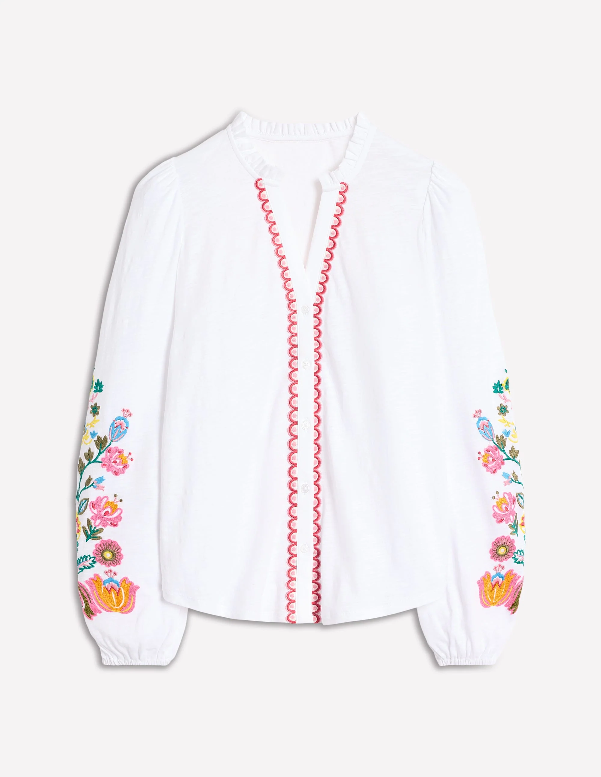Bestickte Bluse mit Rüschenausschnitt-Weiß/Bunt, Blumenstickerei - Image 5