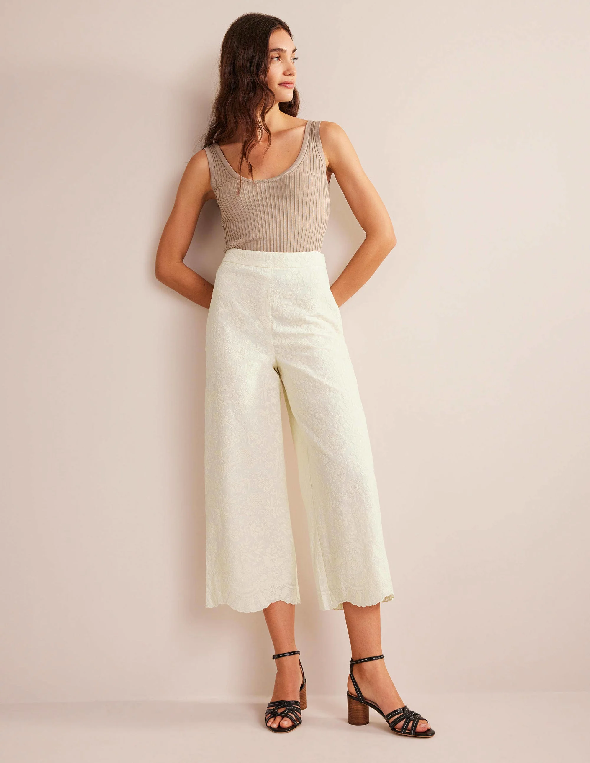 Bestickte Hose mit weitem Bein-Ivory and Navy Spot