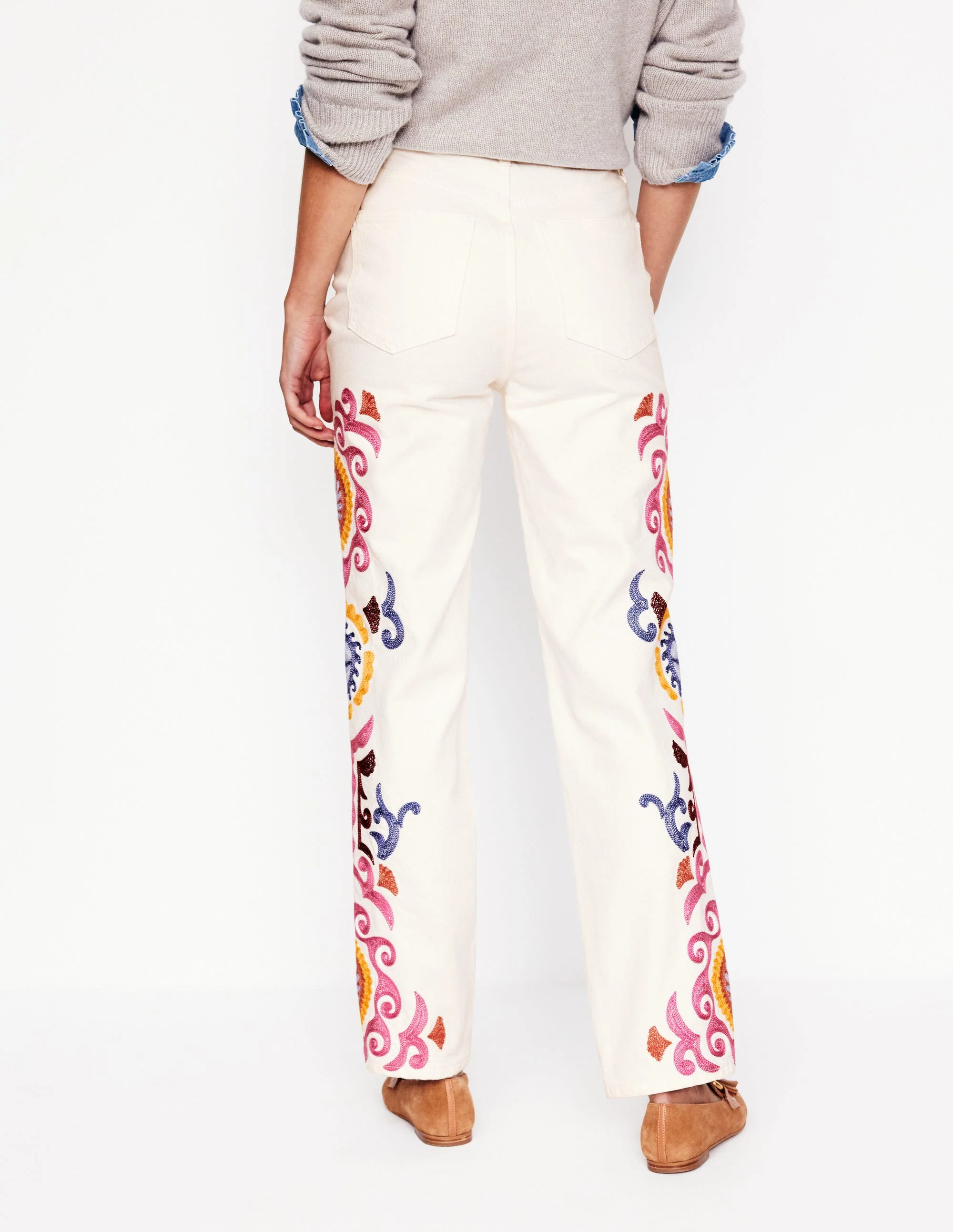 Bestickte Jeans mit hohem Bund-Weiß Stickerei - Image 4