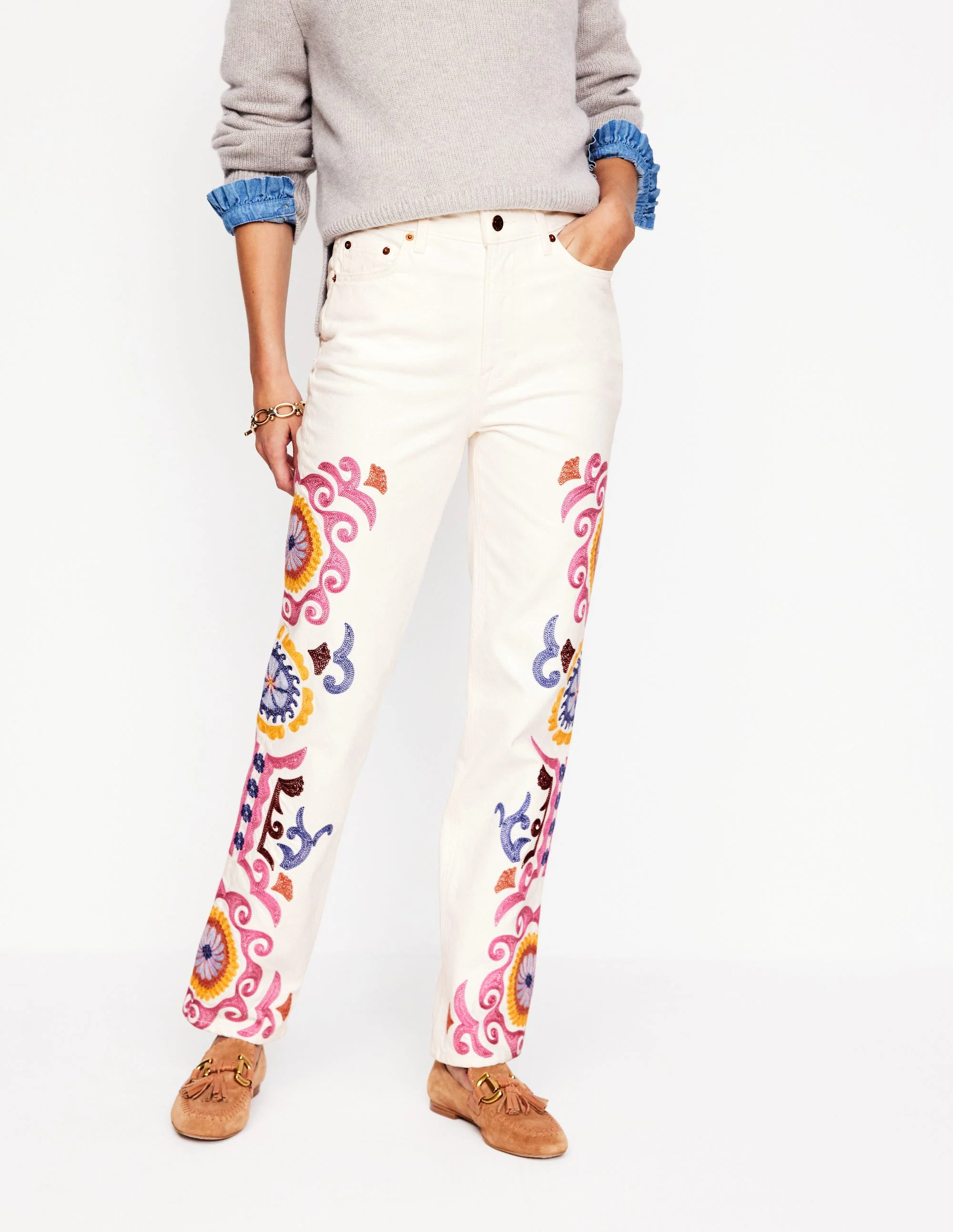 Bestickte Jeans mit hohem Bund-Weiß Stickerei - Image 5
