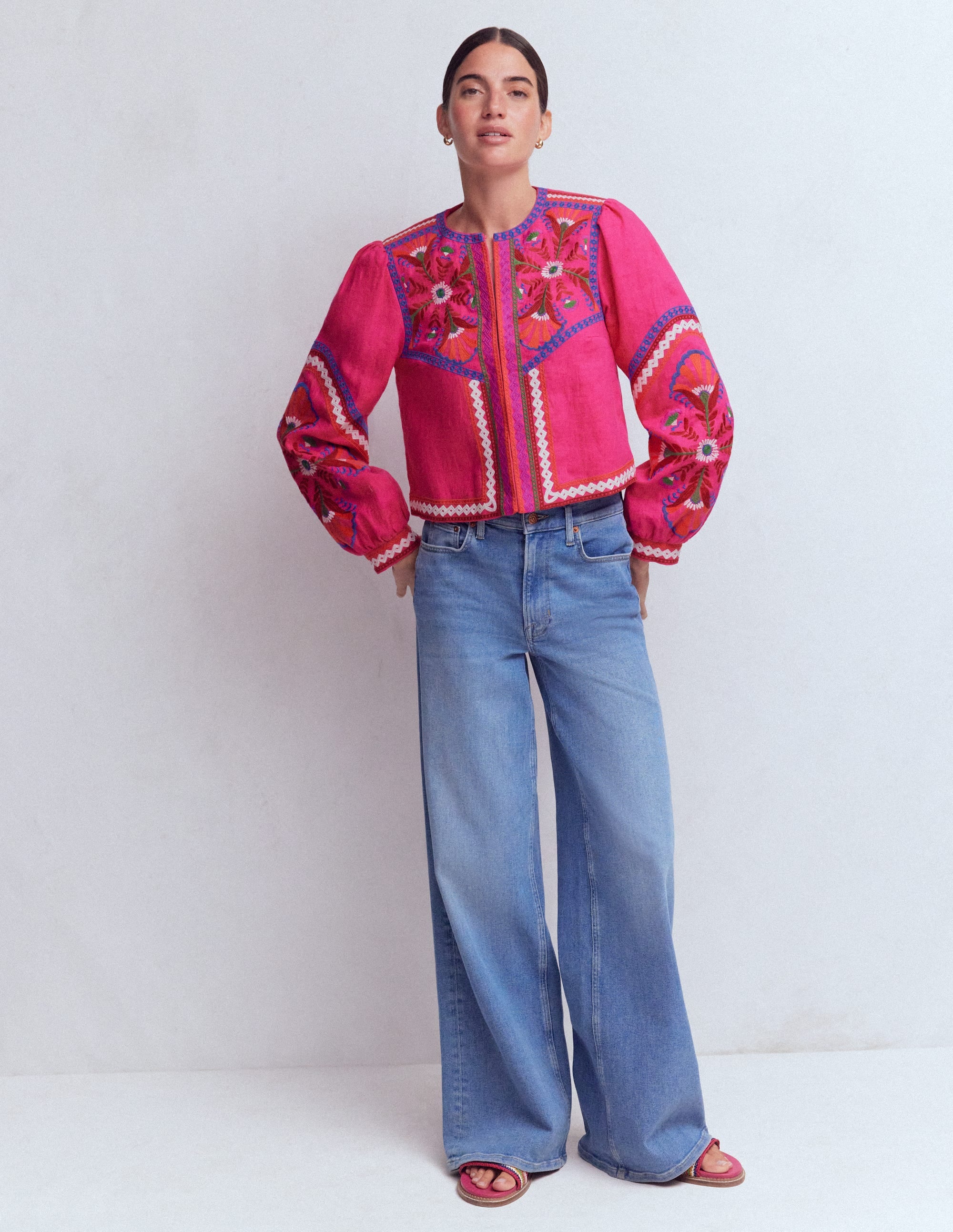 Bestickte Leinenjacke-Rosa Pfingstrose, Stickerei - Image 4