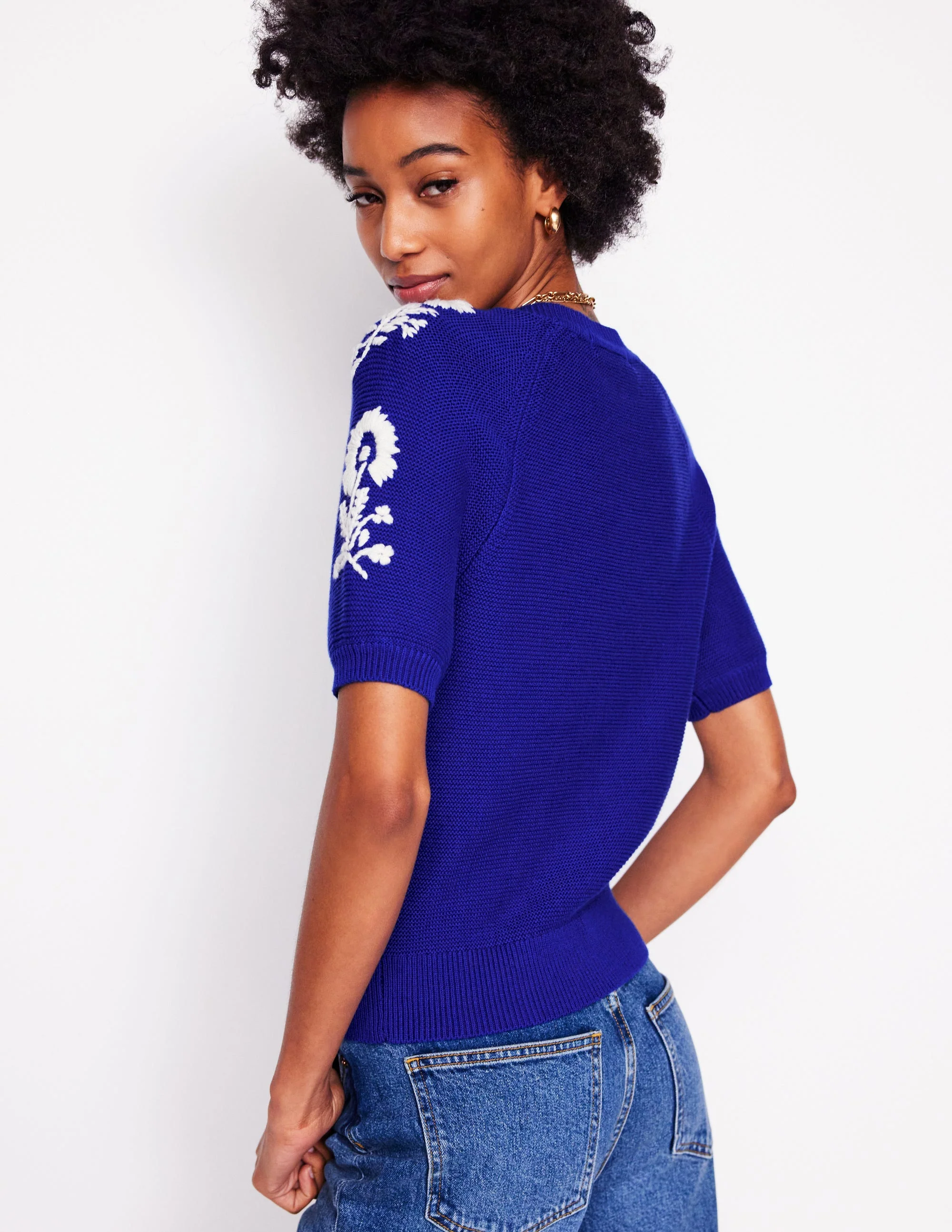 Bestickte Strickjacke mit kurzen Ärmeln-Leuchtendes Blau, Blumen - Image 4
