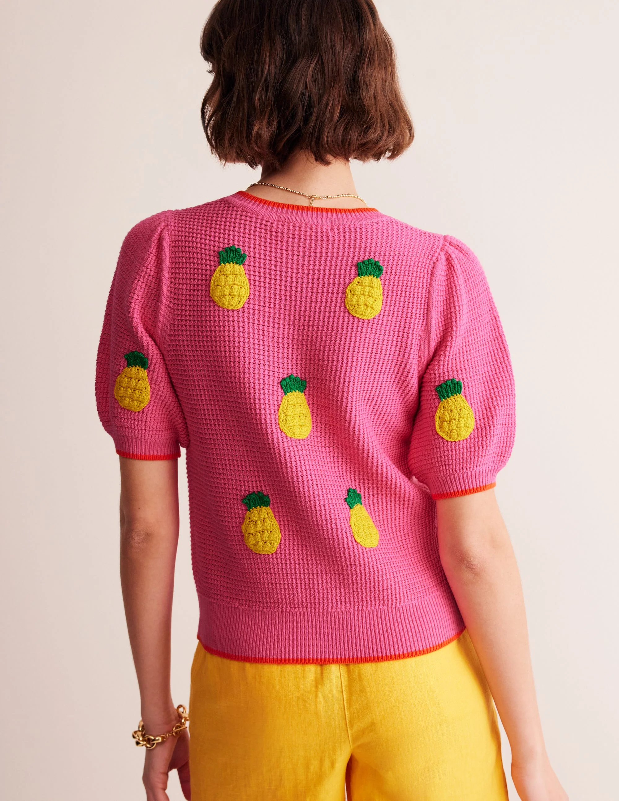 Bestickte Strickjacke mit kurzen Ärmeln-Sangria Sunset Pink, Ananas - Image 3
