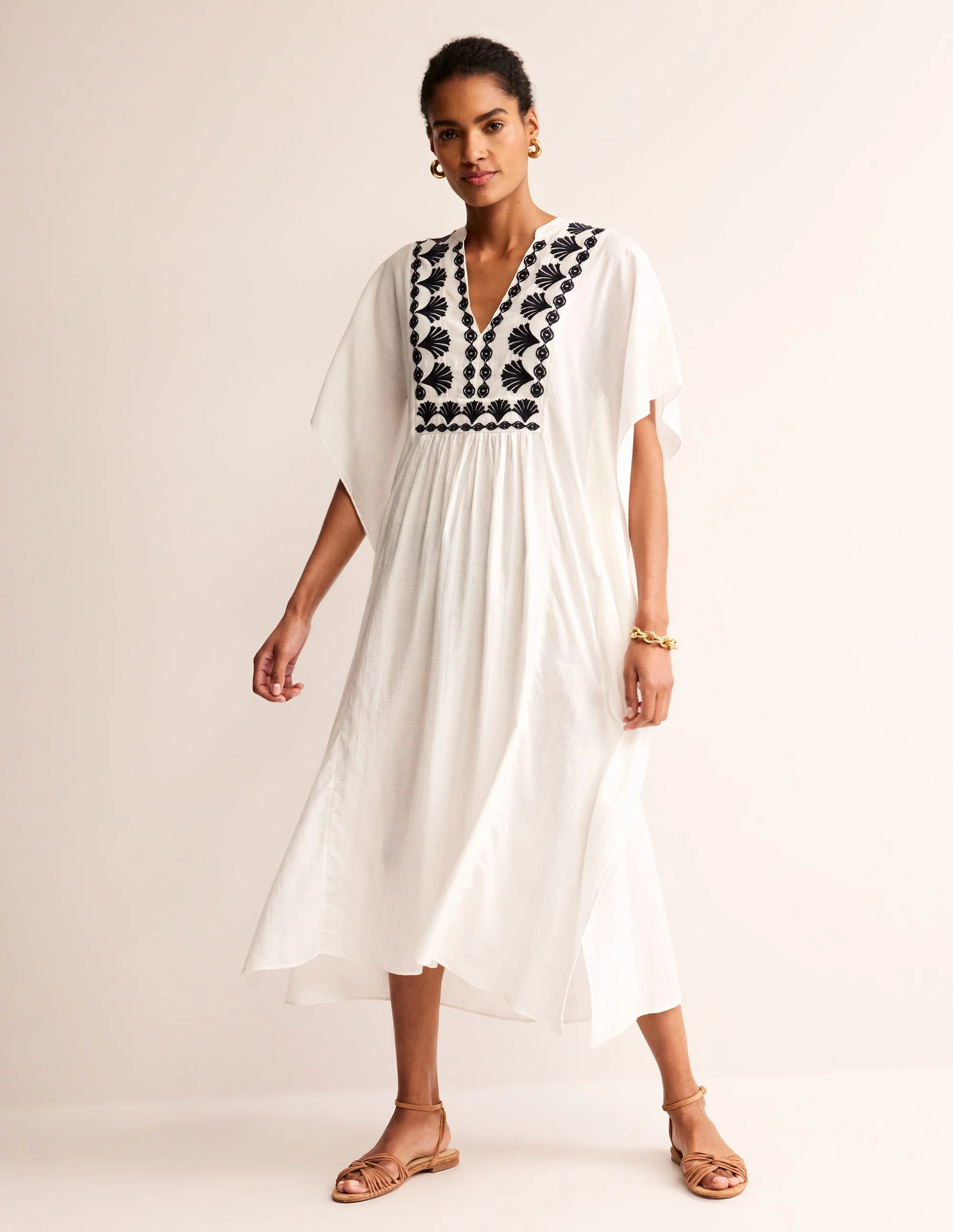 Bestickter Kaftan mit V-Ausschnitt-Naturweiß - Image 4