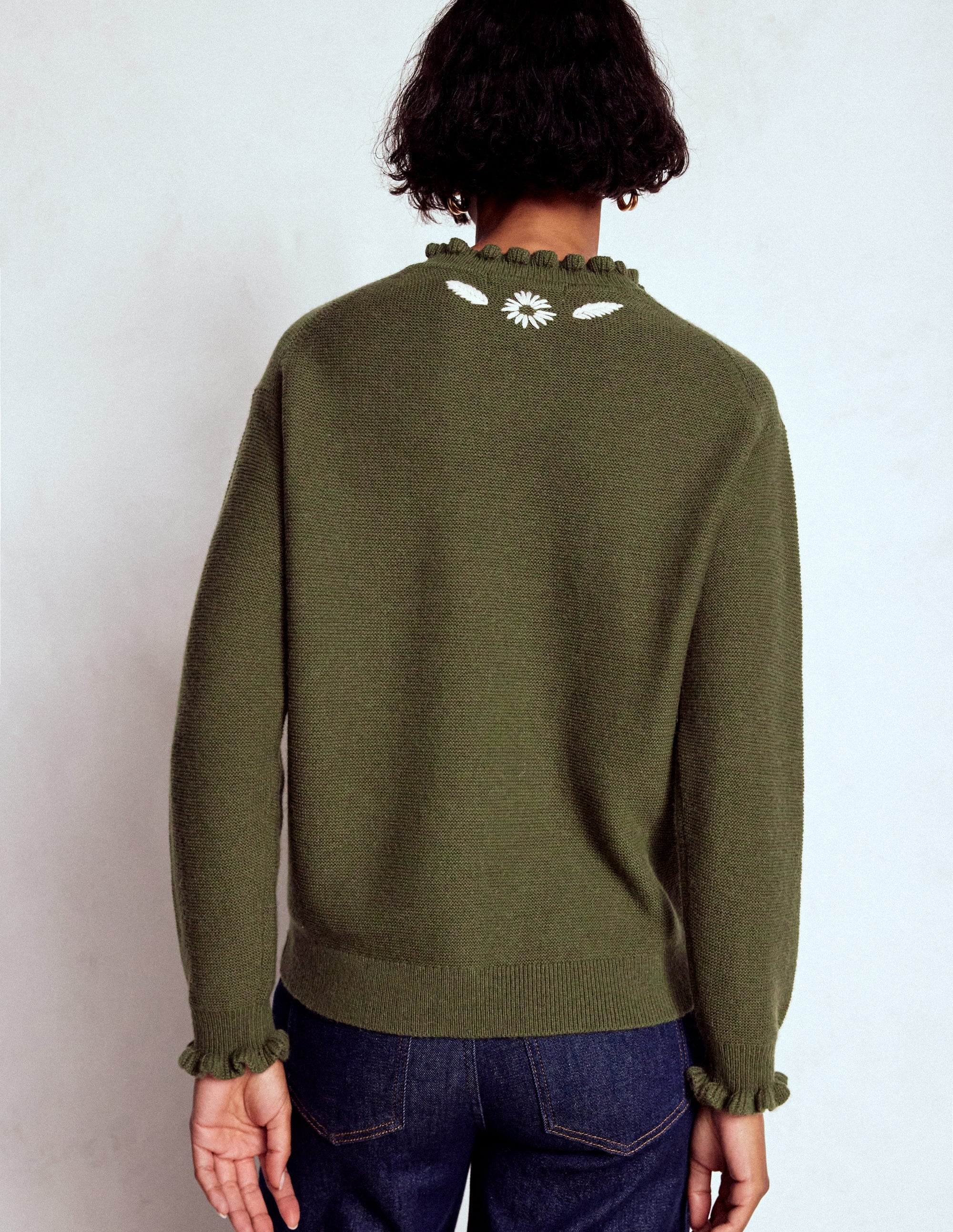 Bestickter Rüschenpullover-Waldgrün Melange - Image 3