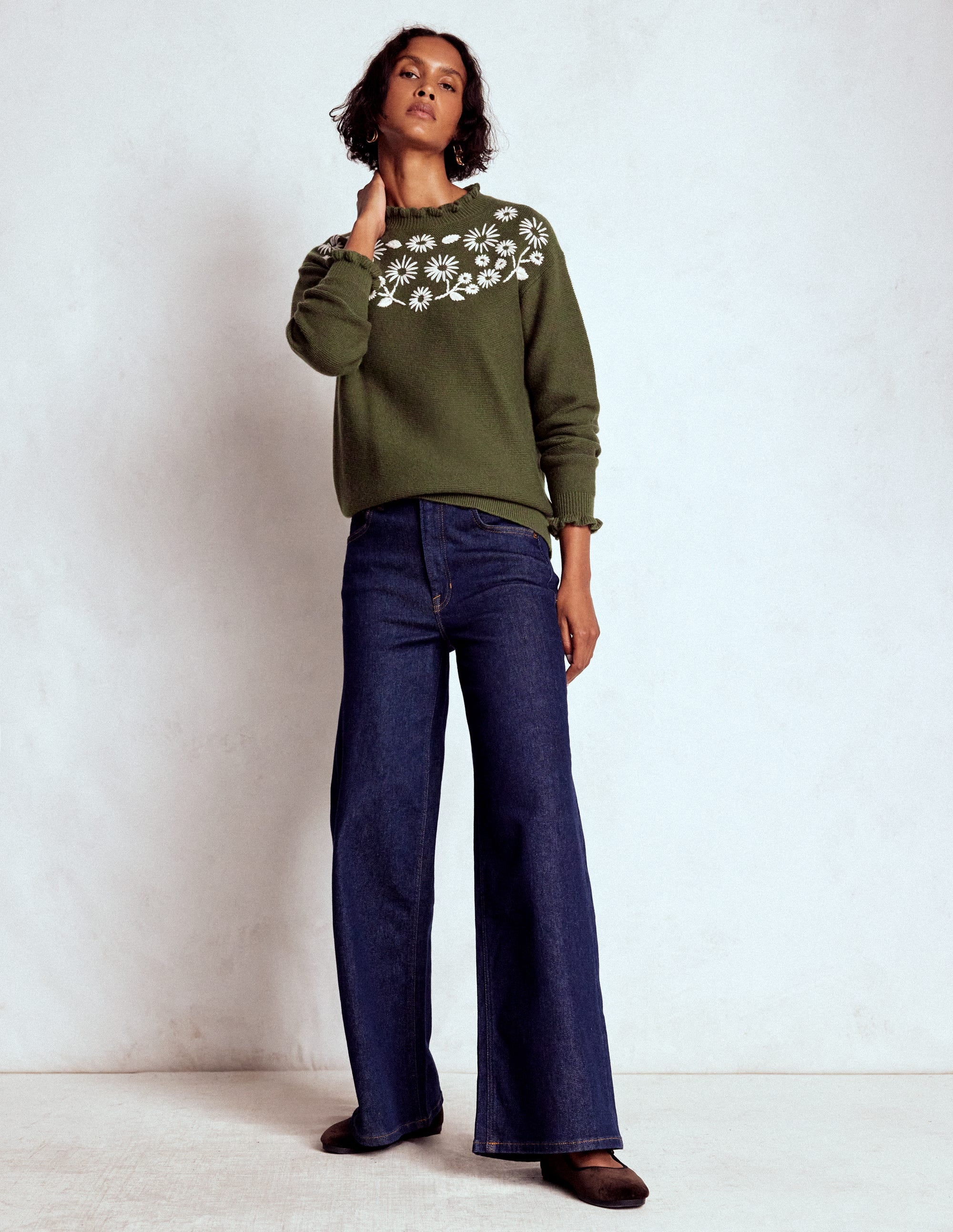 Bestickter Rüschenpullover-Waldgrün Melange - Image 4