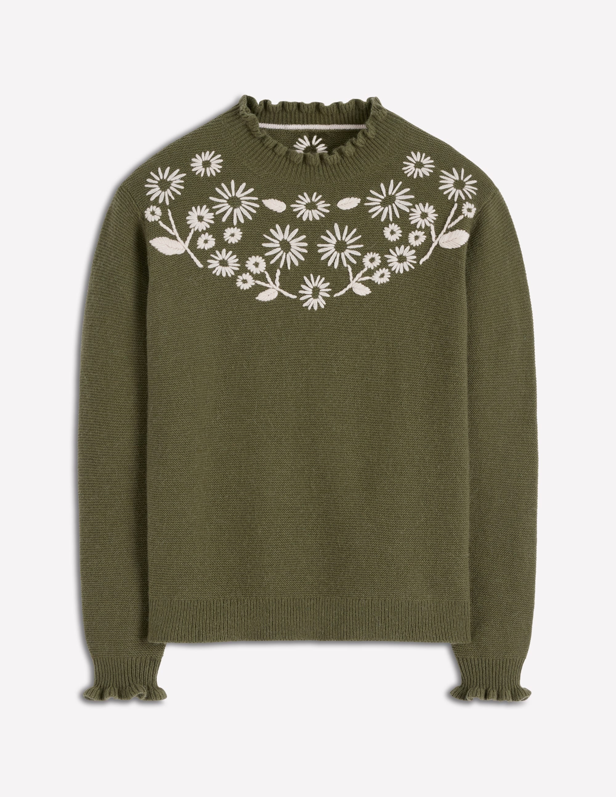 Bestickter Rüschenpullover-Waldgrün Melange - Image 6