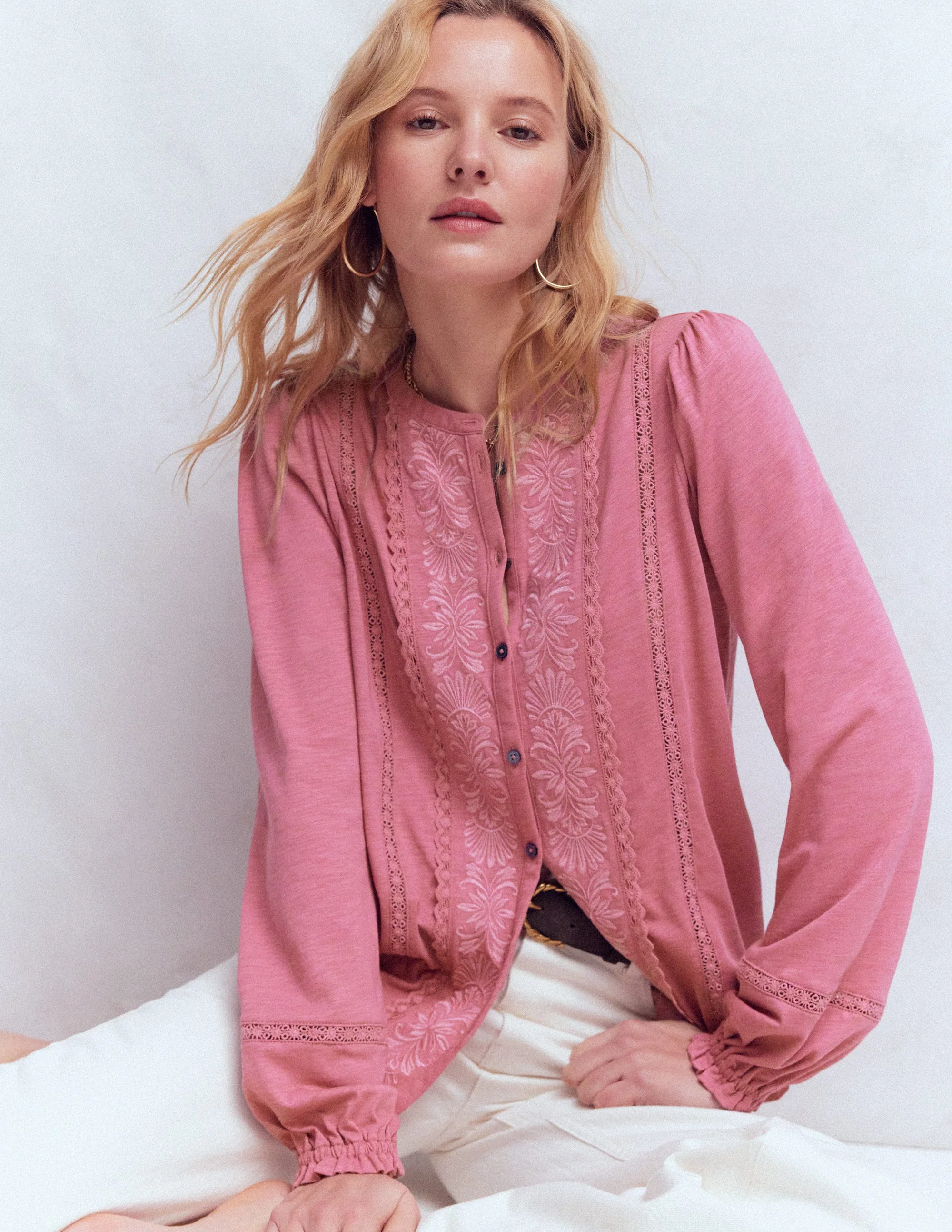 Besticktes Jerseyhemd-Rosa Heide