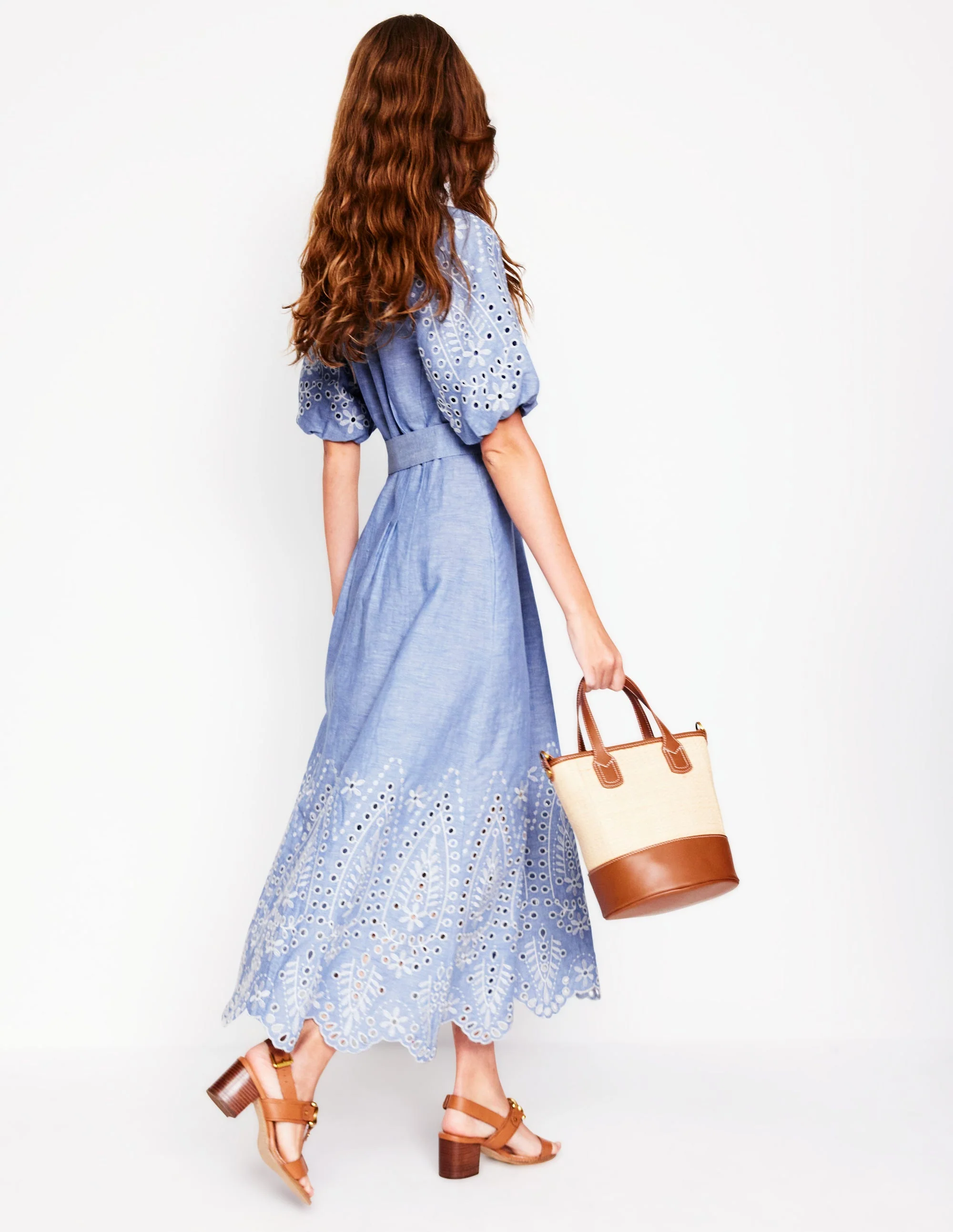 Besticktes Kleid mit Puffärmeln-Graublau Chambray - Image 3