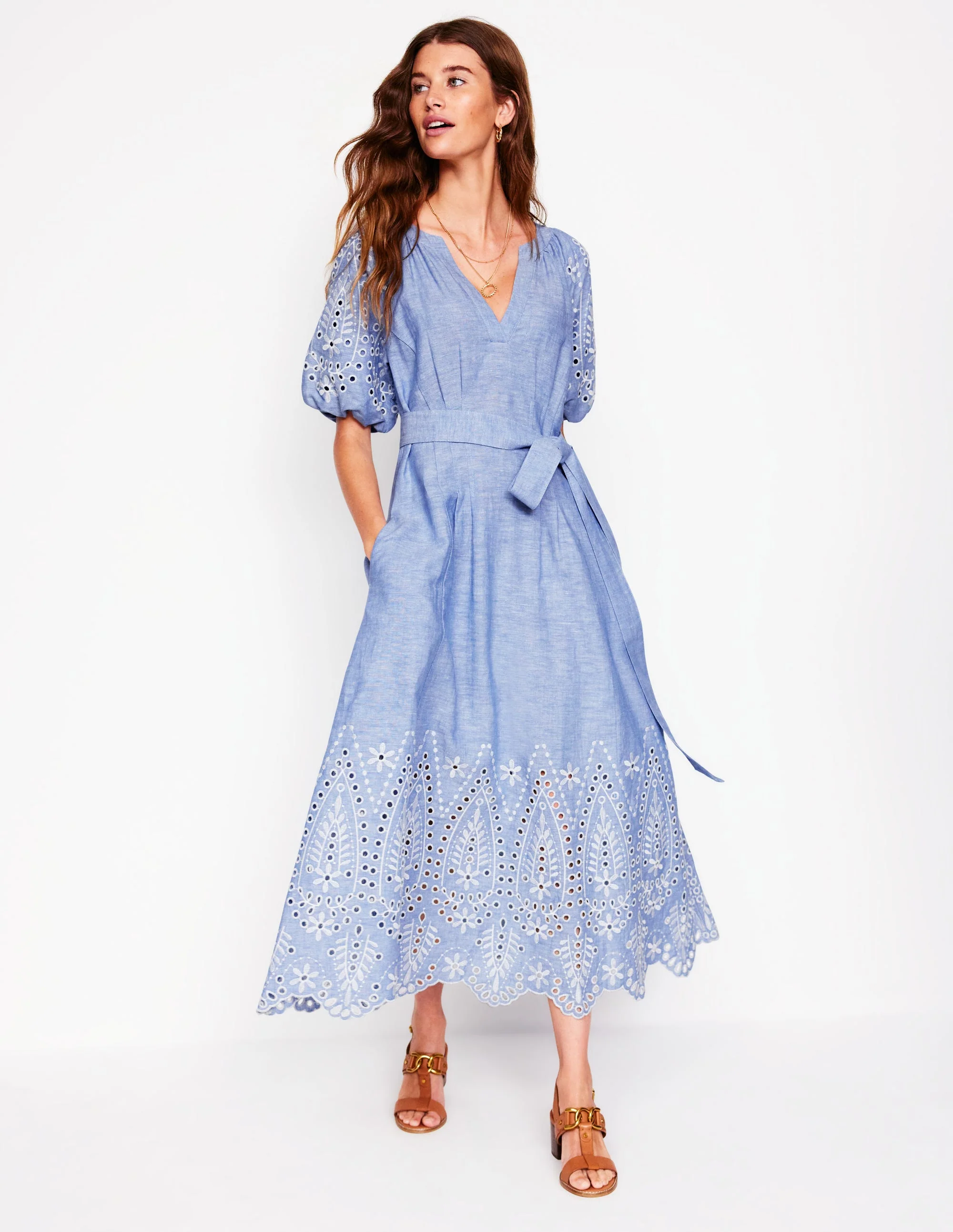 Besticktes Kleid mit Puffärmeln-Graublau Chambray - Image 4