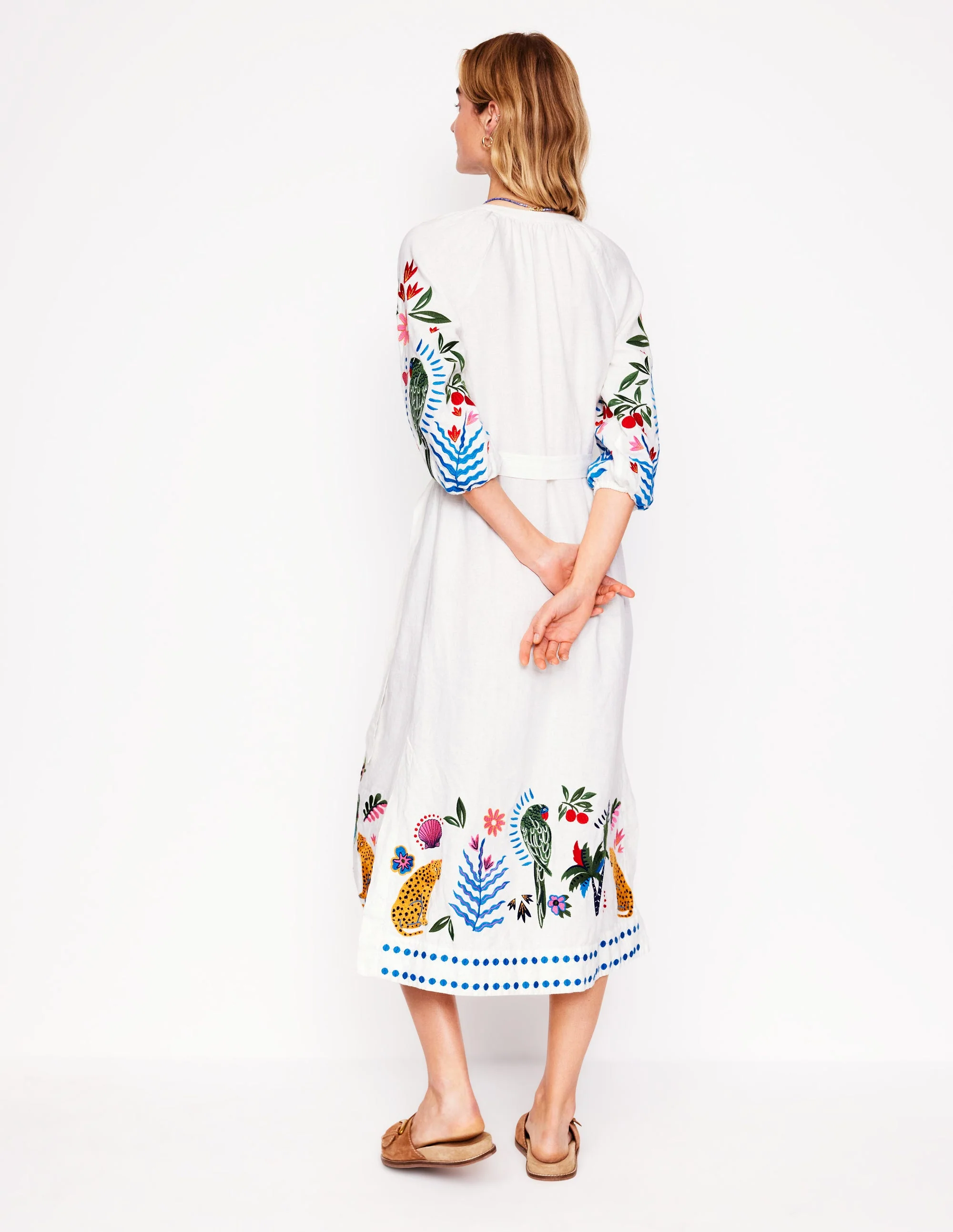 Besticktes Leinenkleid mit Quasten-Ivory and Navy Spot - Image 3
