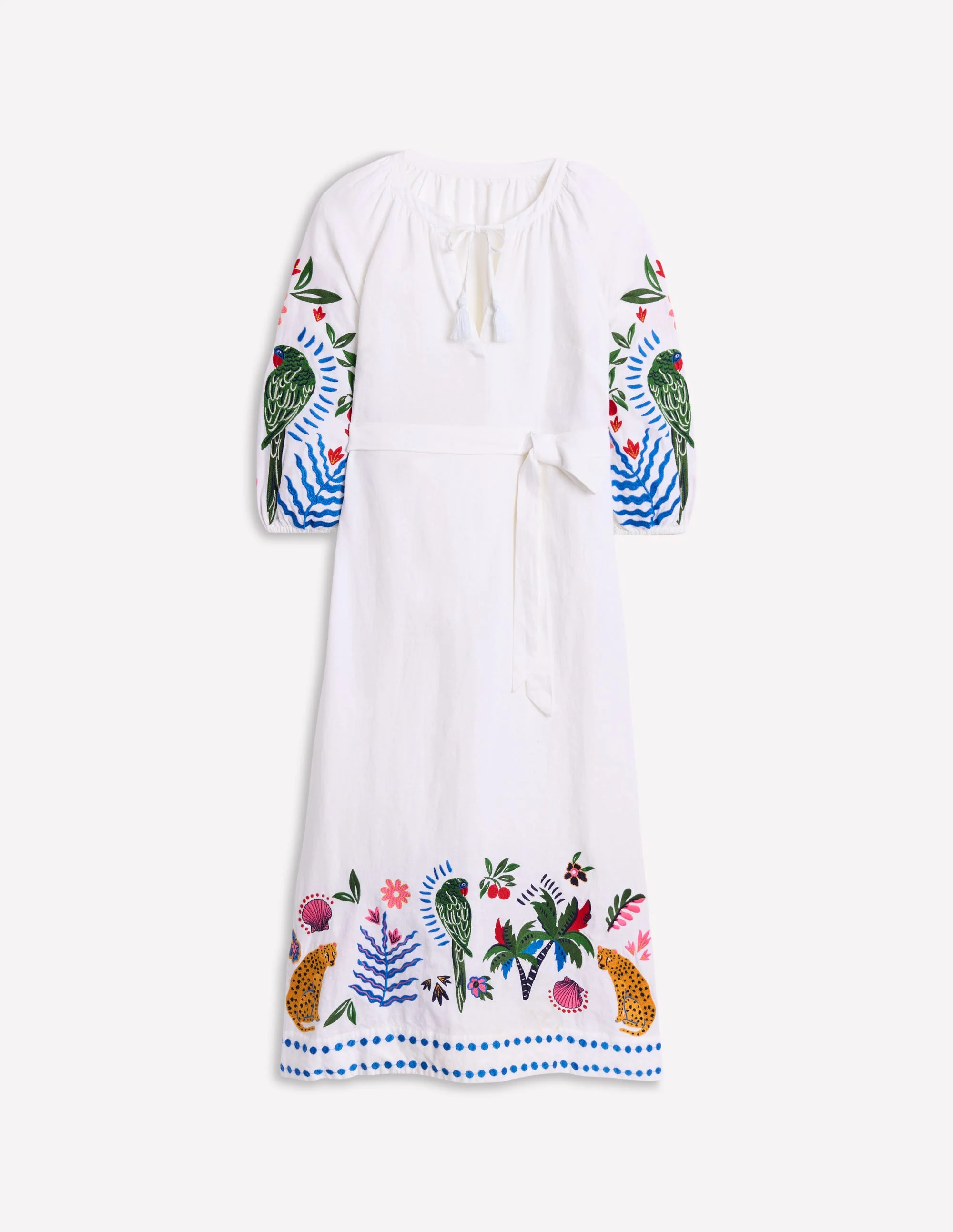 Besticktes Leinenkleid mit Quasten-Ivory and Navy Spot - Image 7