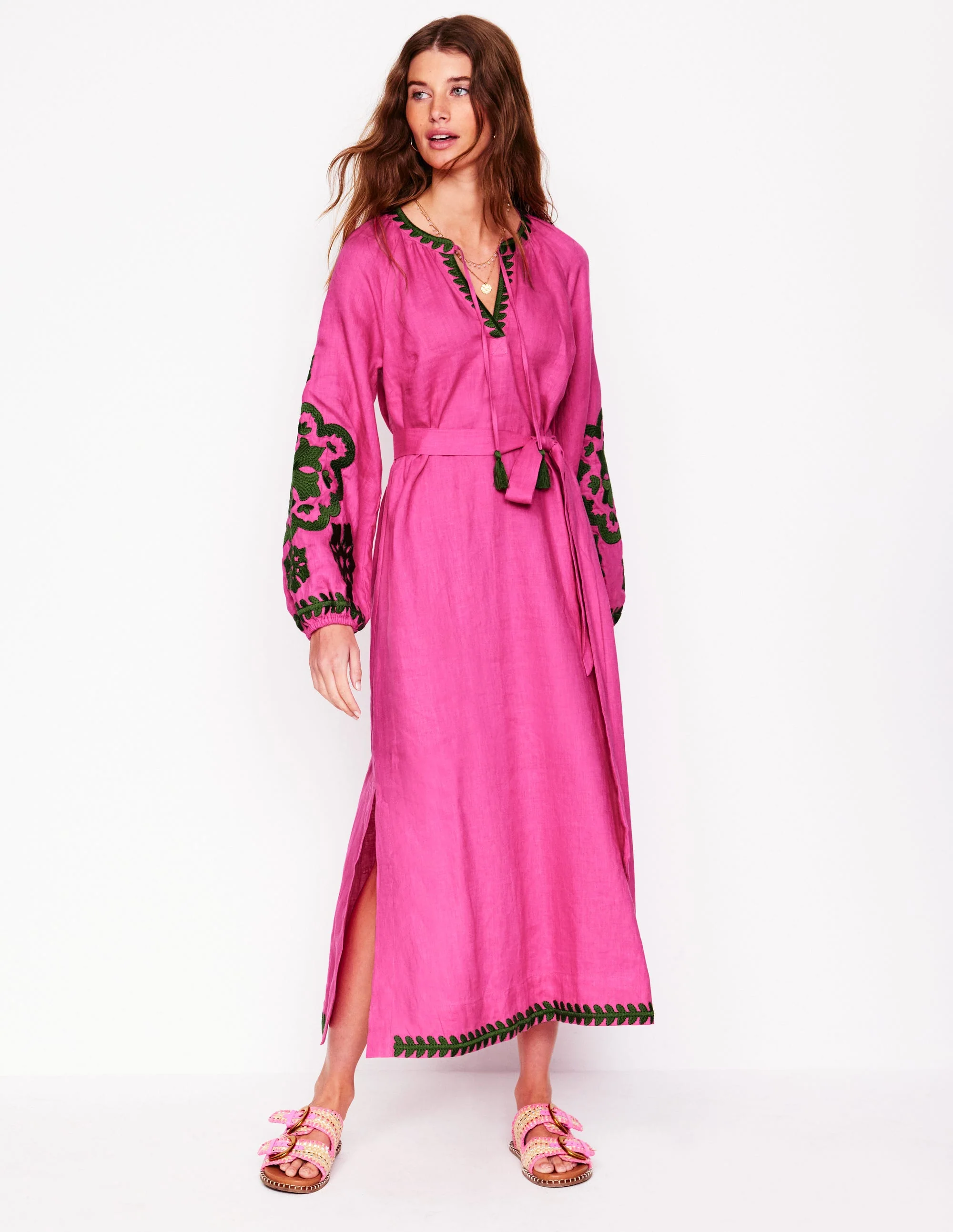 Besticktes Leinenkleid mit Quasten-Sorbet-Rosa - Image 5