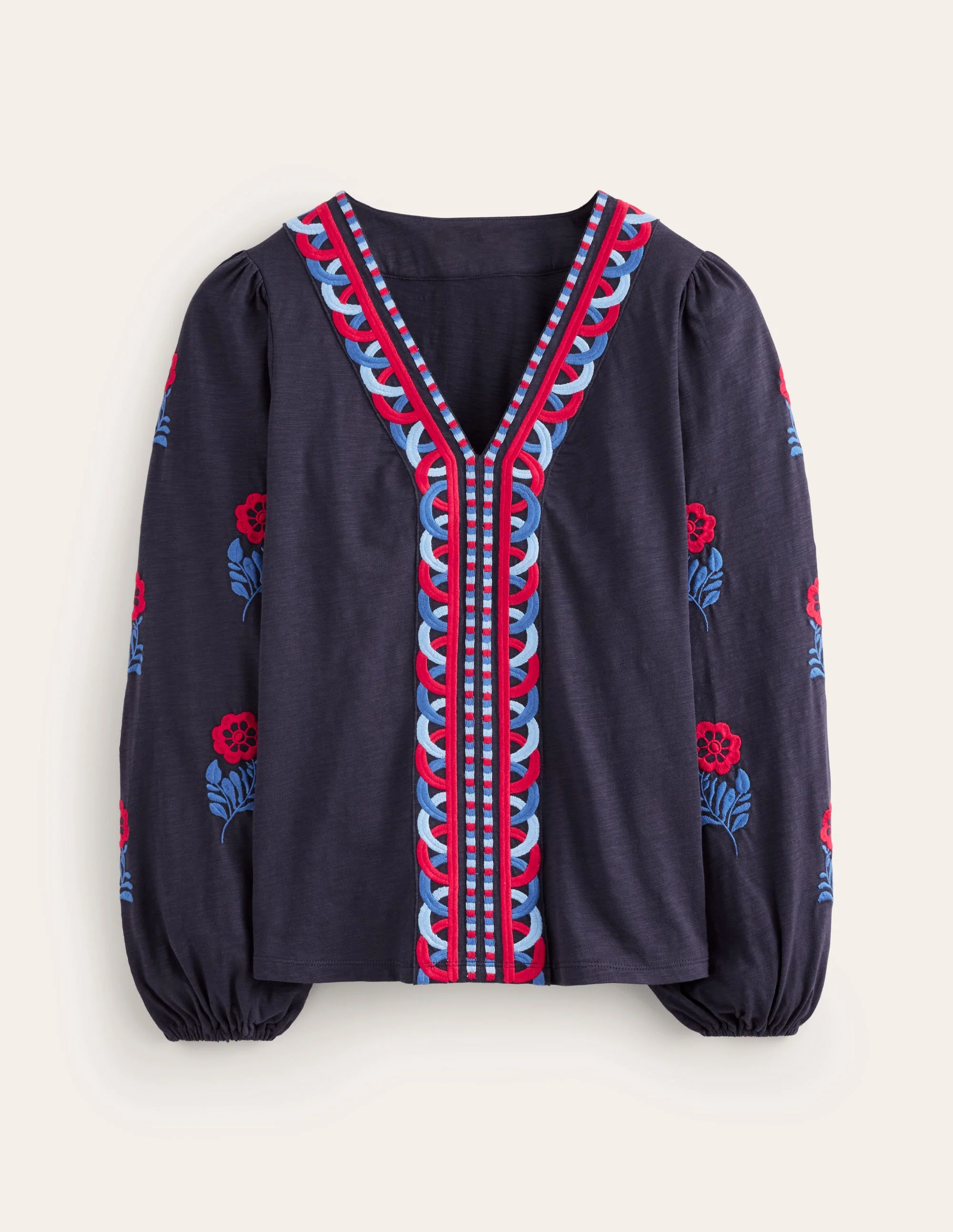 Besticktes Oberteil mit V-Ausschnitt-Marineblau, Rote Stickerei - Image 5