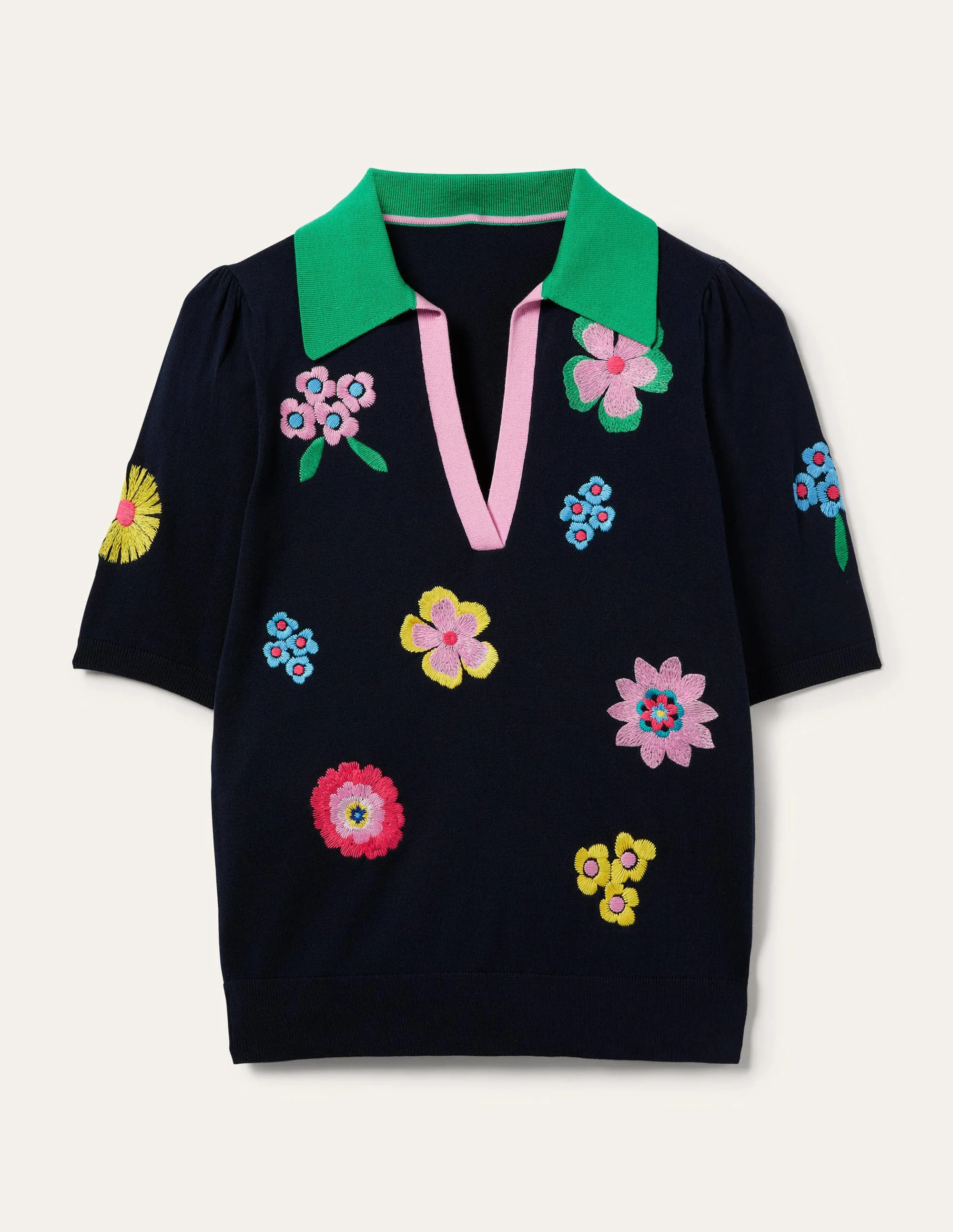 Besticktes Shirt mit Kontrastkragen-Navy, Blumenmuster - Image 10