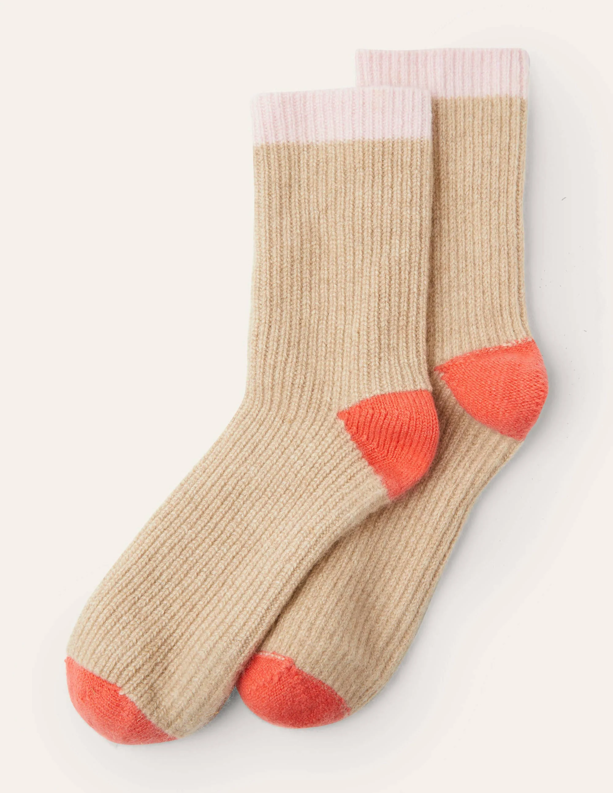 Bettsocken aus Kaschmir-Mausgrau/Milchshake/Korallenrot