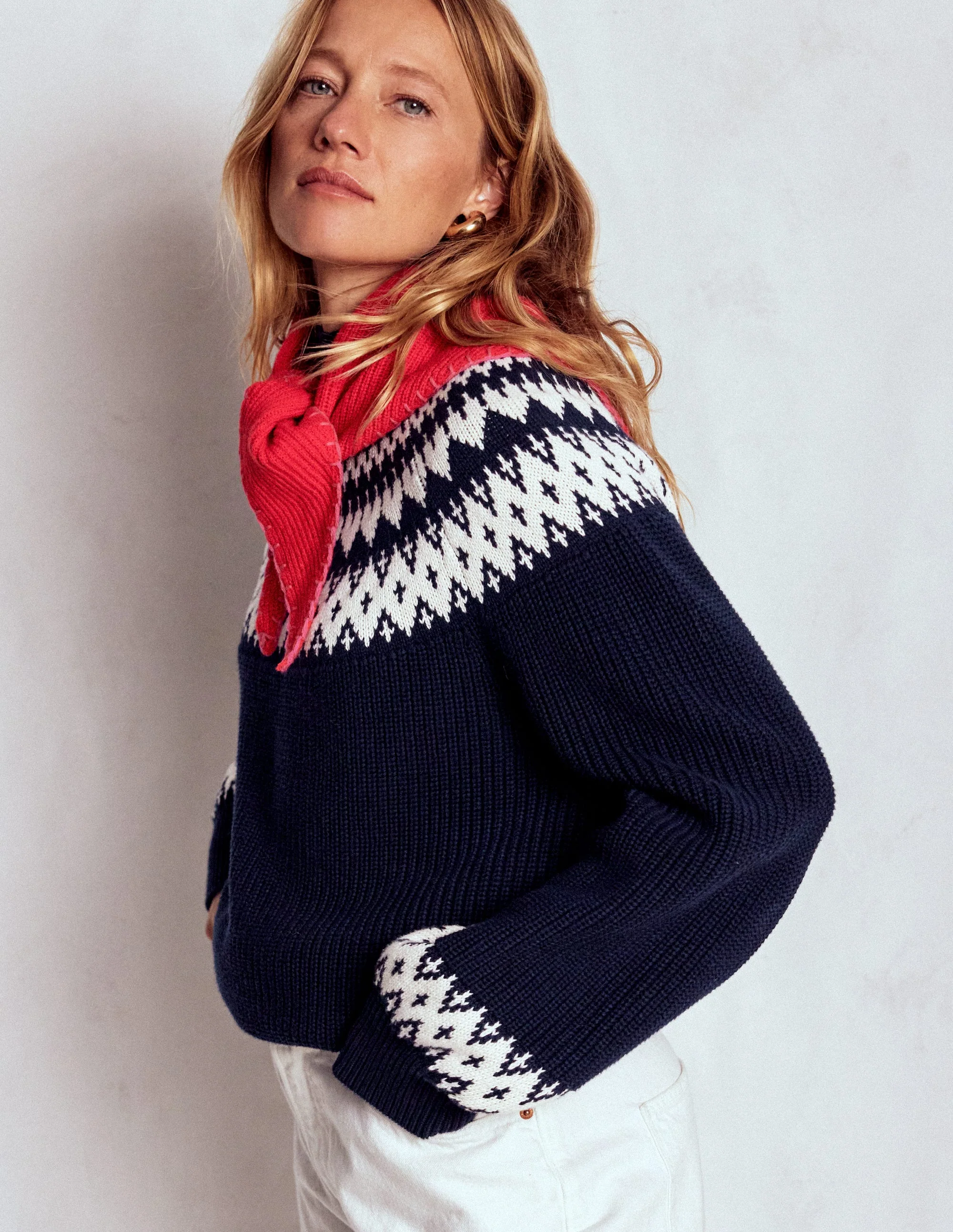 Bianca Hochgeschlossener Baumwollpullover-Navy mit Fair Isle