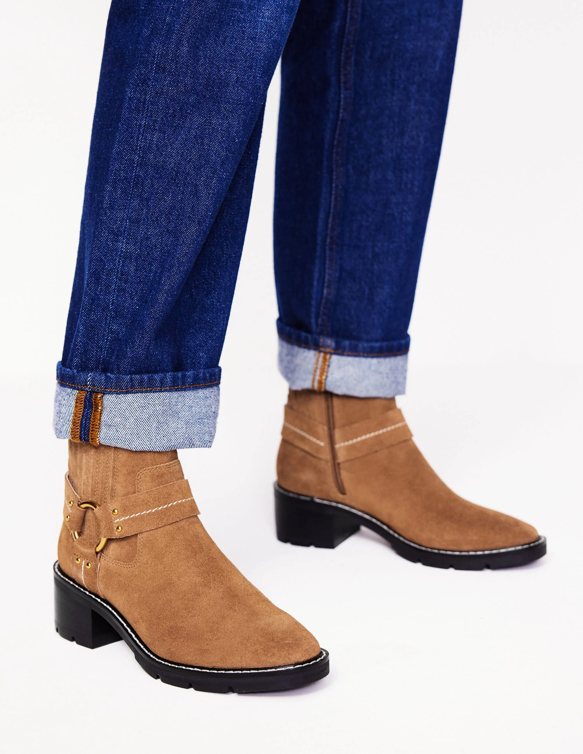 Bikerstiefel mit Riemendetail-Hellbraunes Veloursleder