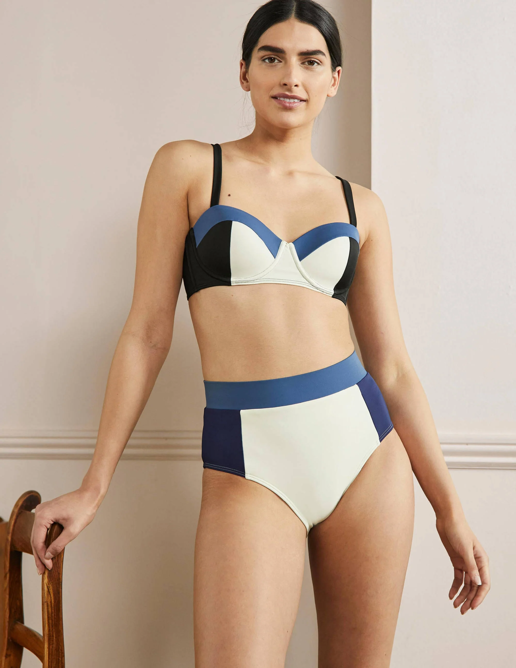 Bikinihose mit hohem Bund-Naturweiß, Blockfarben