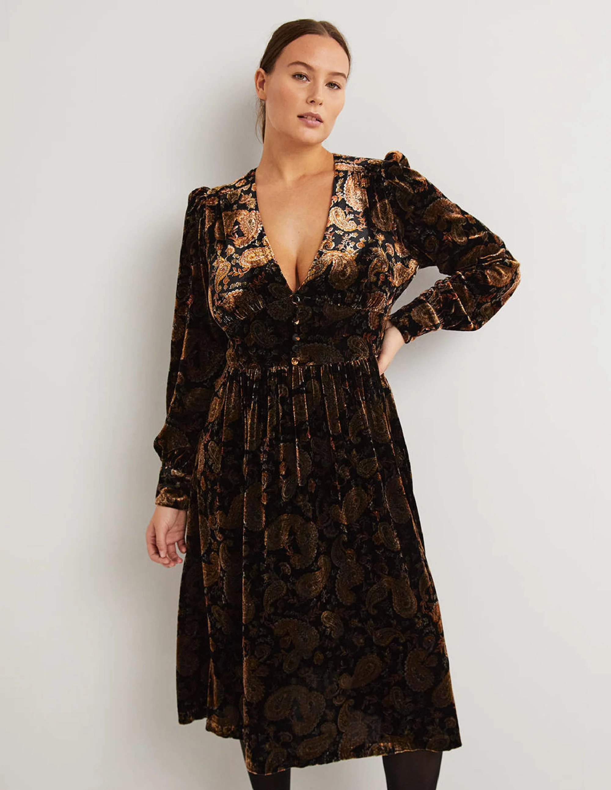 Black Paisley Velvet Midi Party Dress-Schwarz, Paisleymuster
