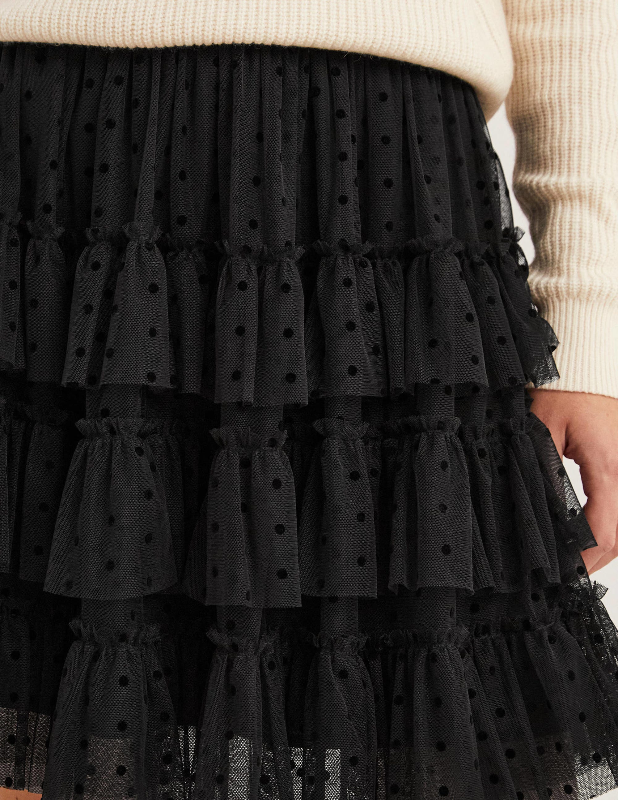 Black Polka Dot Ruffle Tulle Mini Skirt-Schwarz - Image 2