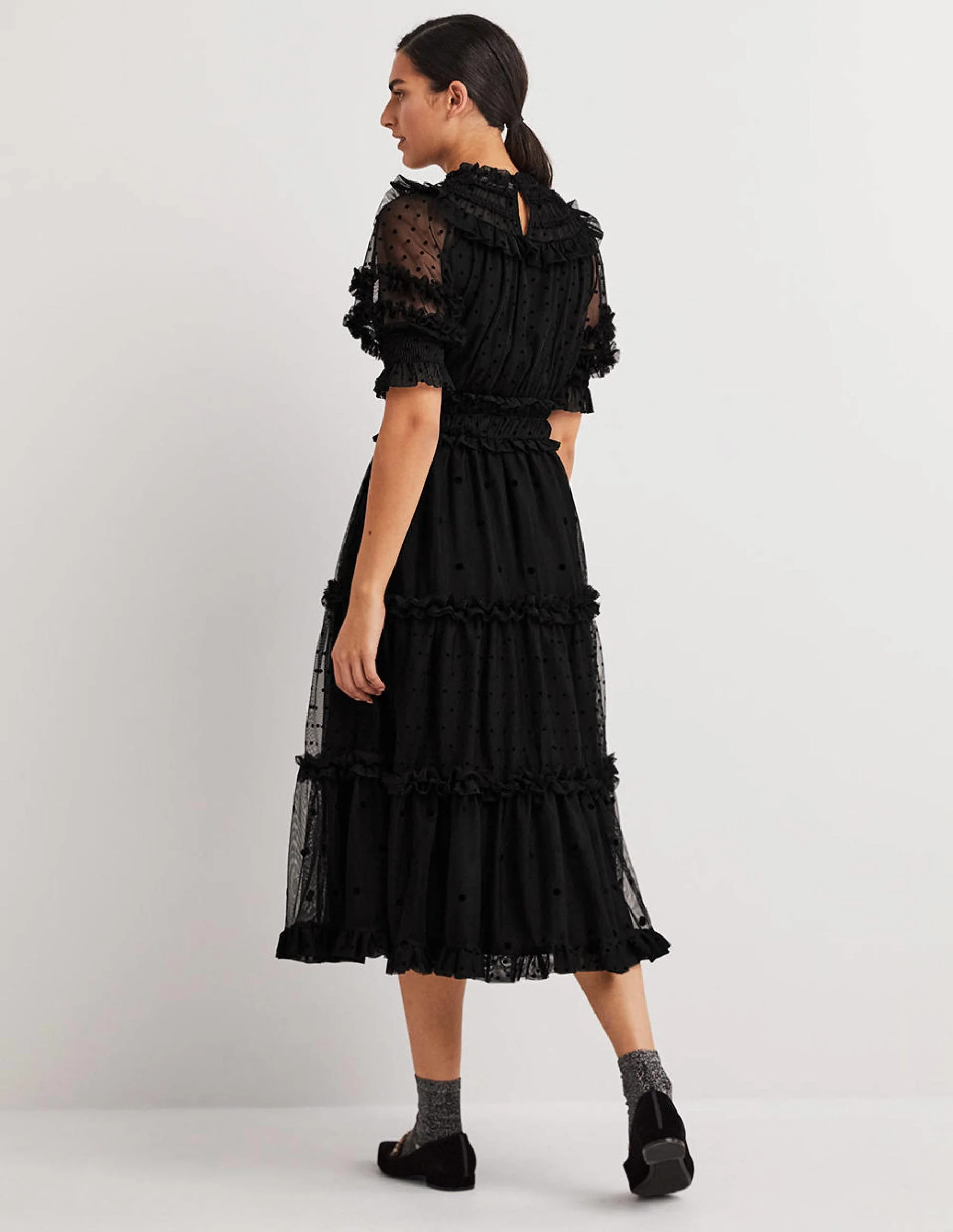 Black Polka Dot Tulle Midi Dress-Schwarz - Image 3