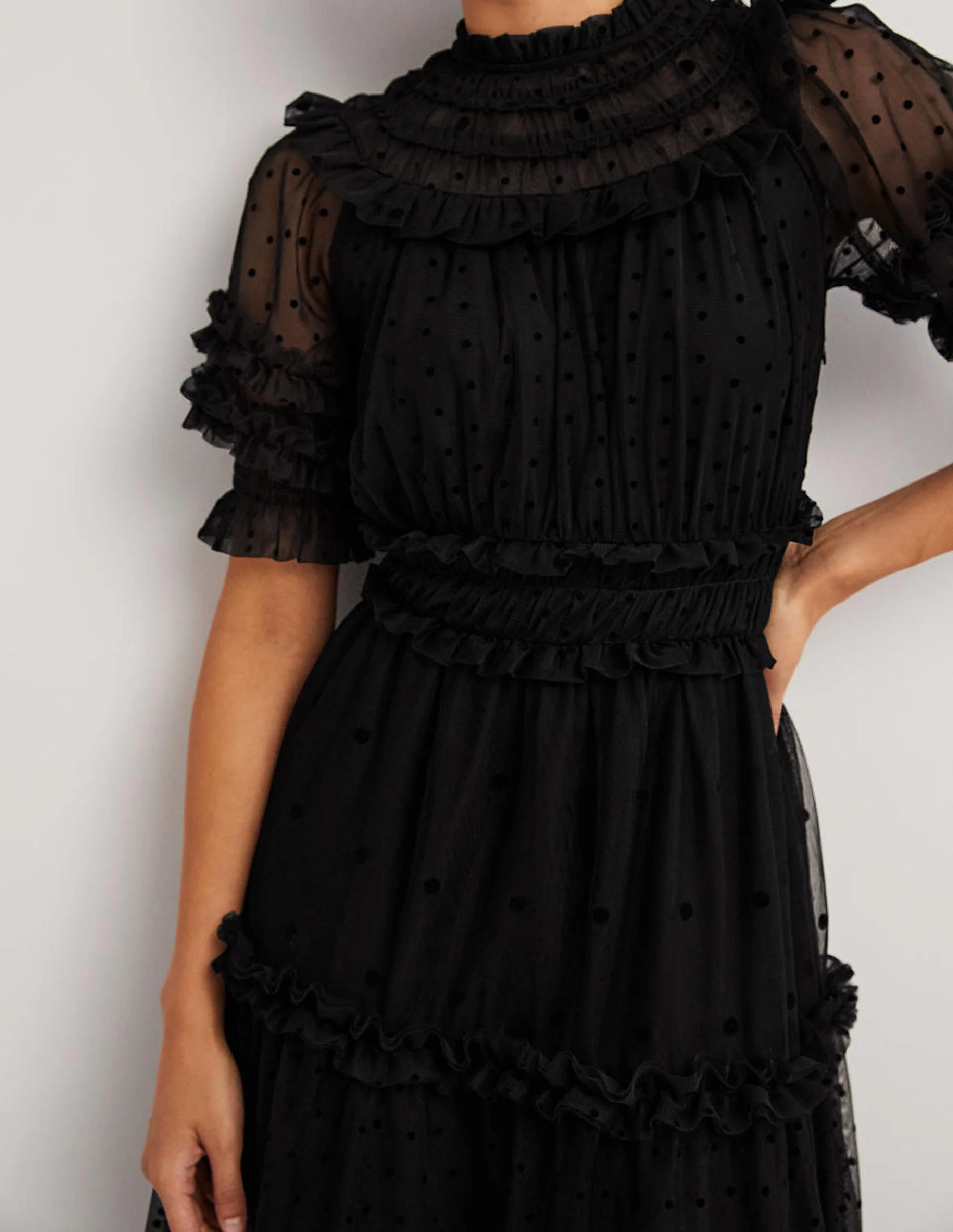 Black Polka Dot Tulle Midi Dress-Schwarz - Image 4