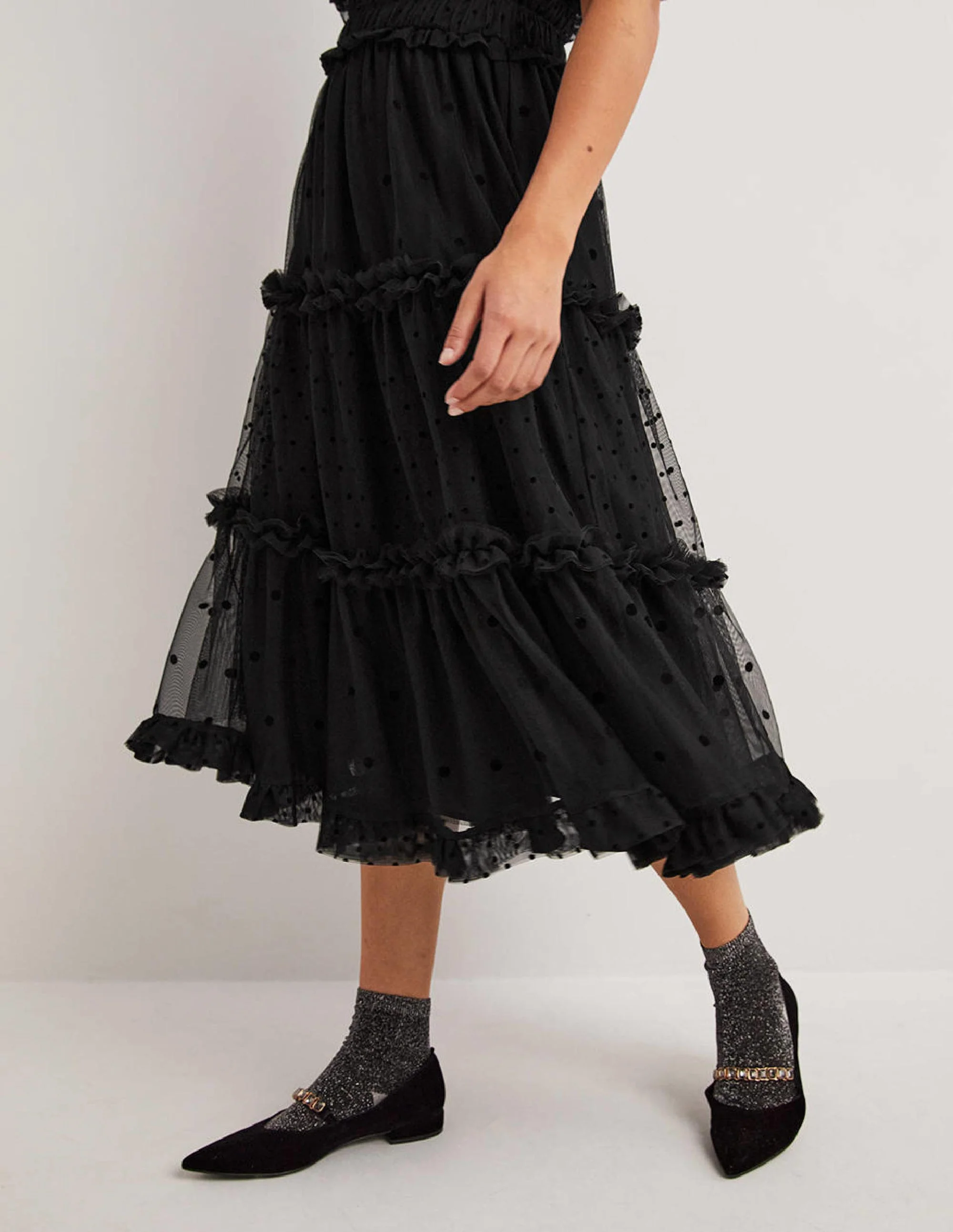 Black Polka Dot Tulle Midi Dress-Schwarz - Image 5