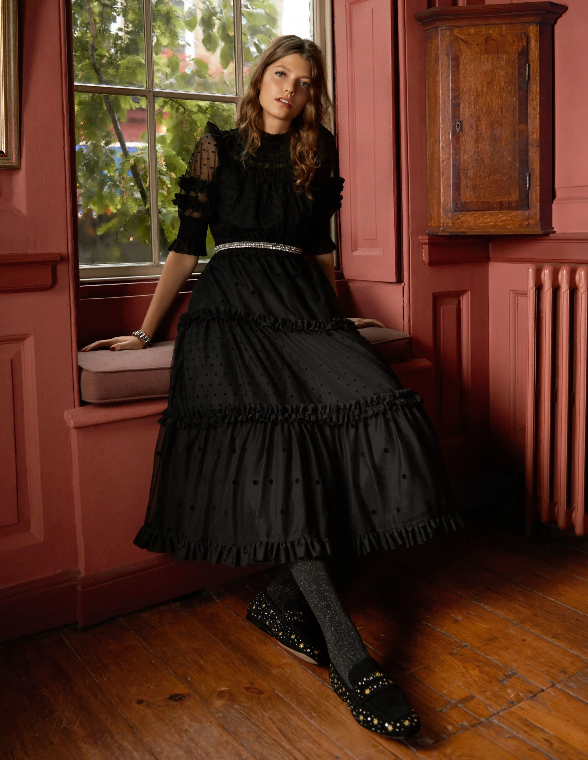 Black Polka Dot Tulle Midi Dress-Schwarz - Image 6