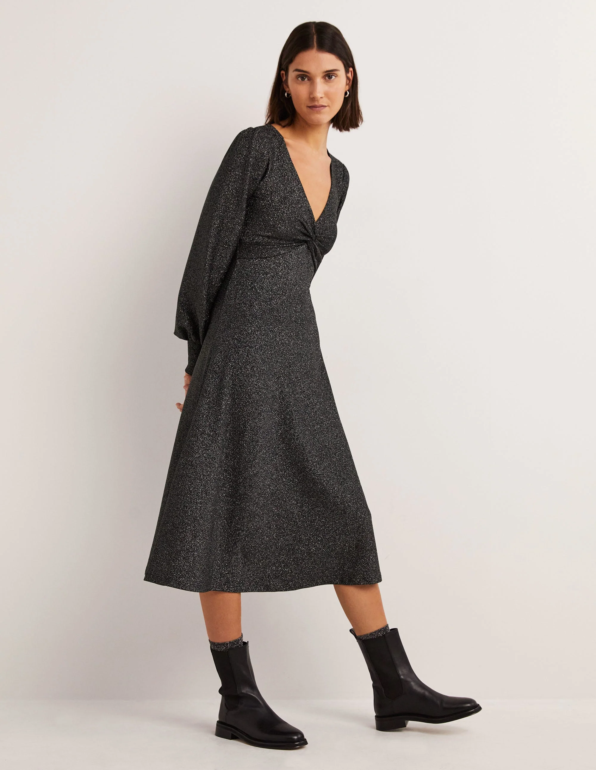 Black Sparkle Metallic Jersey Midi Dress-Schwarz, Glitzer - Image 6