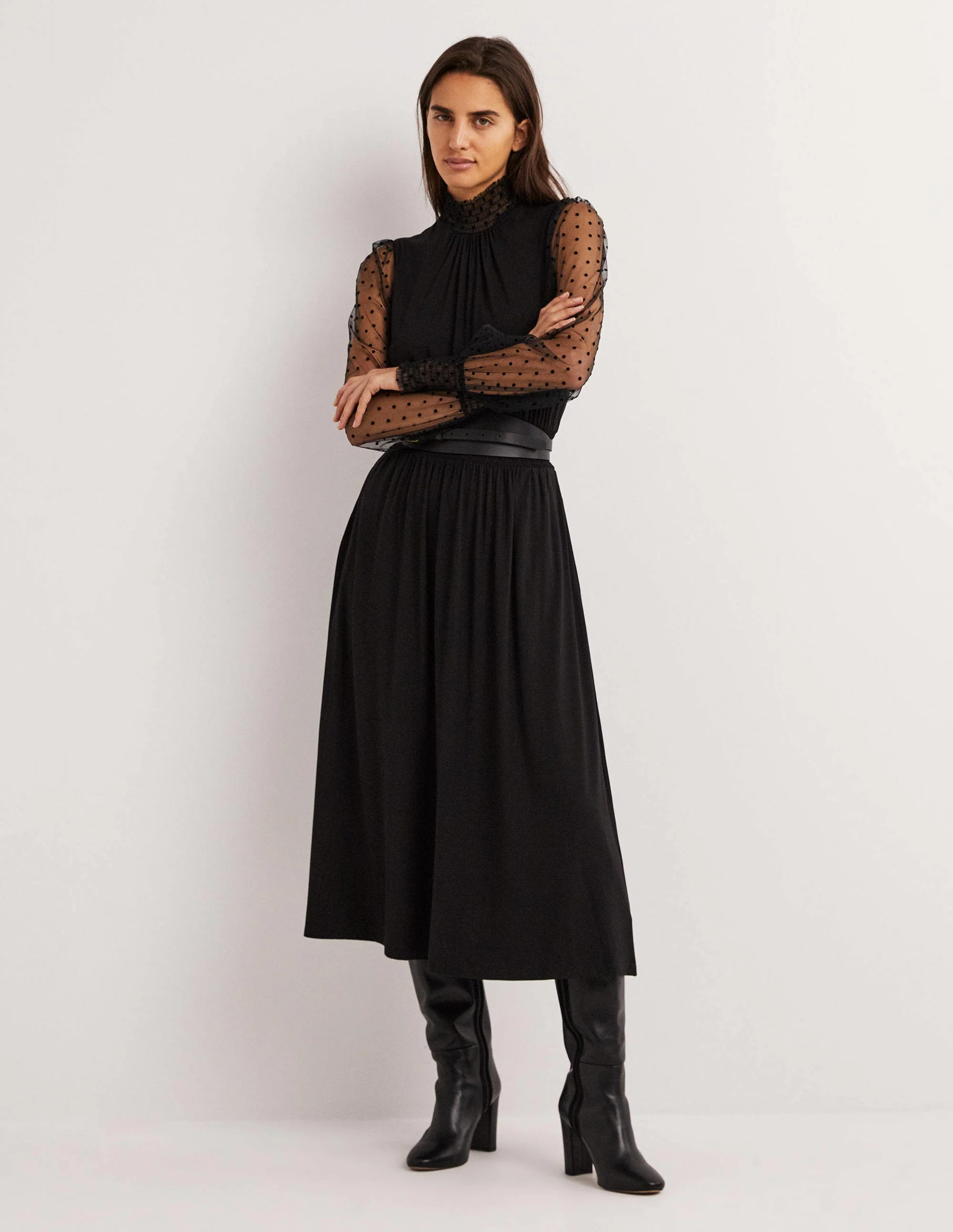 Black Tulle Sleeve Midi Party Dress-Schwarz