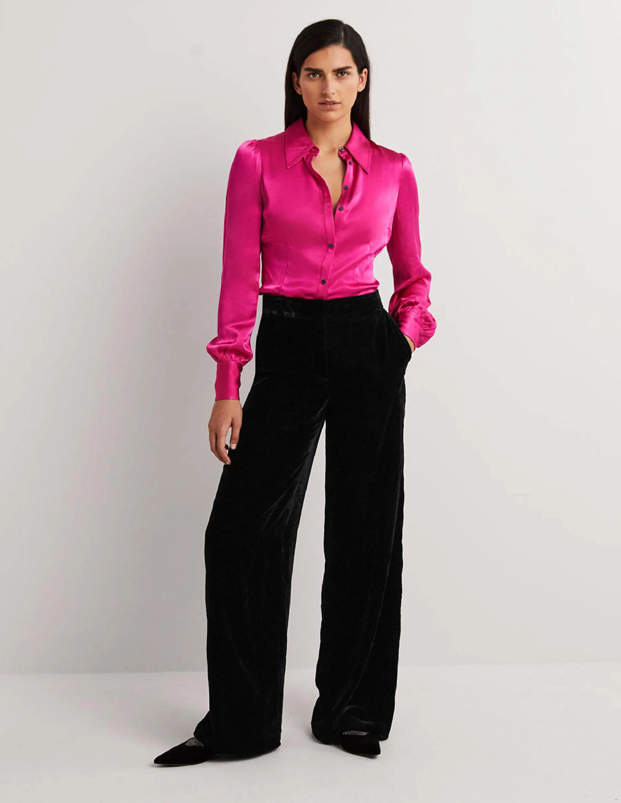 Black Velvet Wide-Leg Trousers-Schwarz, Samt