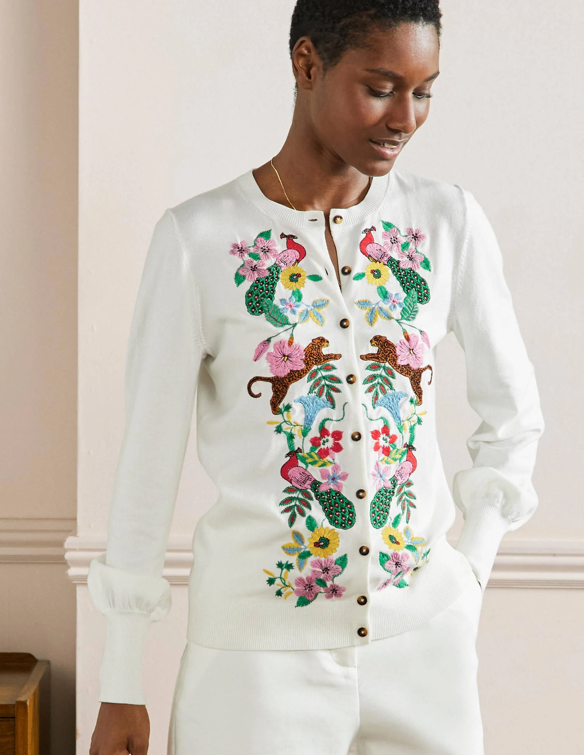 Blouson-Cardigan mit Stickerei-Naturweiß