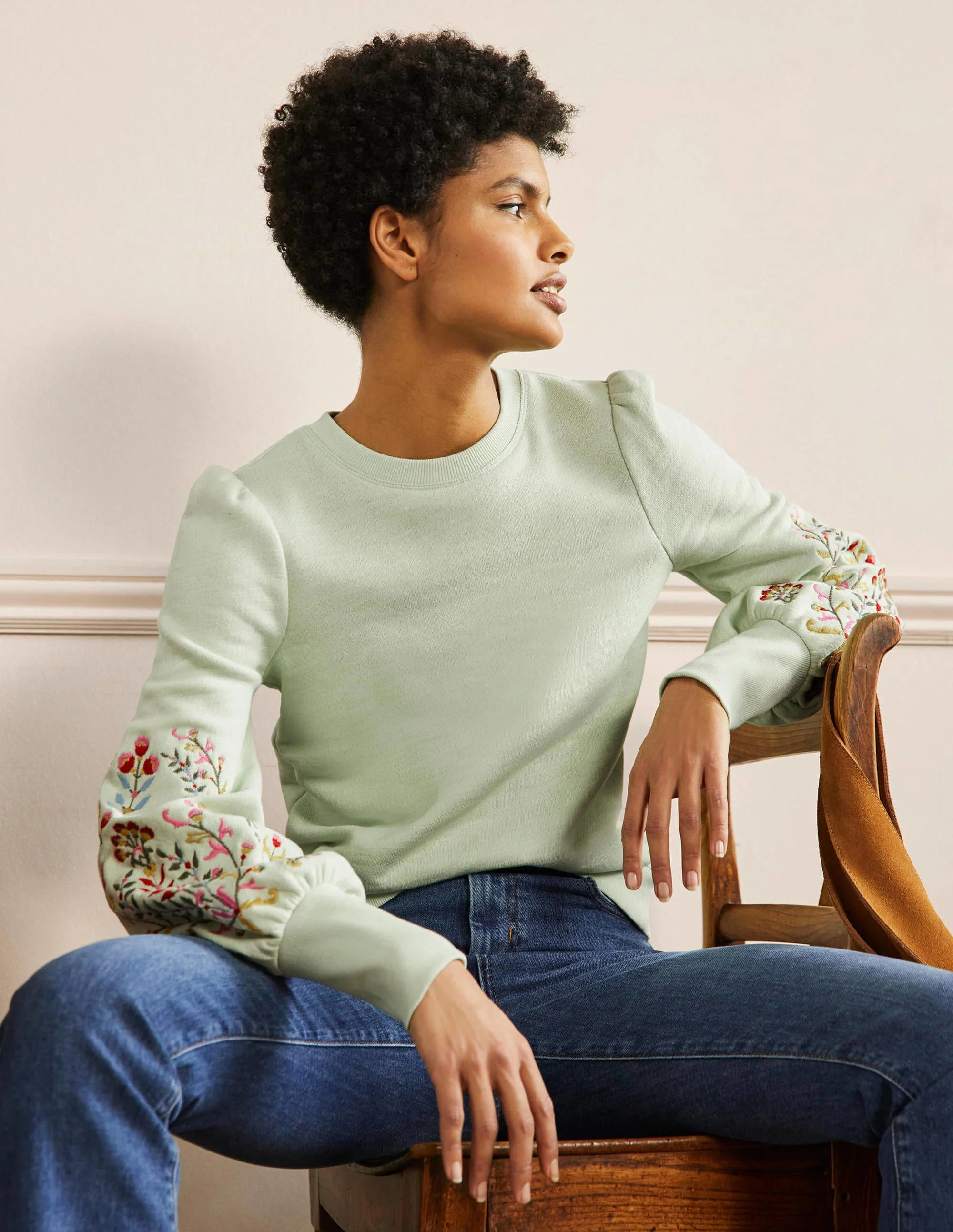 Blouson-Sweatshirt mit Stickerei-Avocadogrün, Stickerei