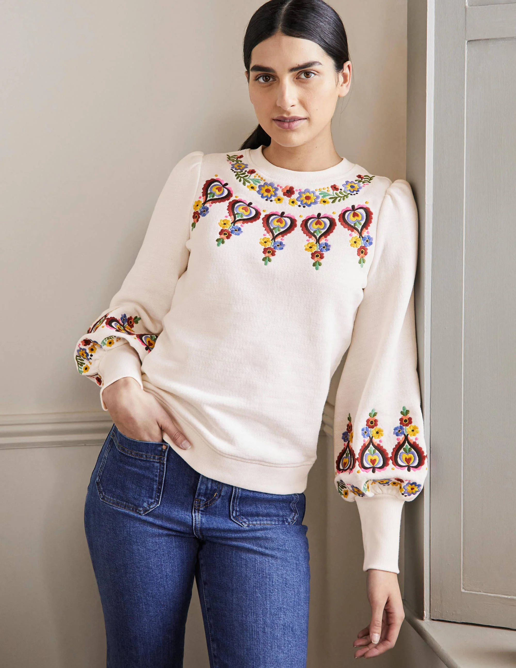 Blouson-Sweatshirt mit Stickerei-Naturweiß, Stickerei