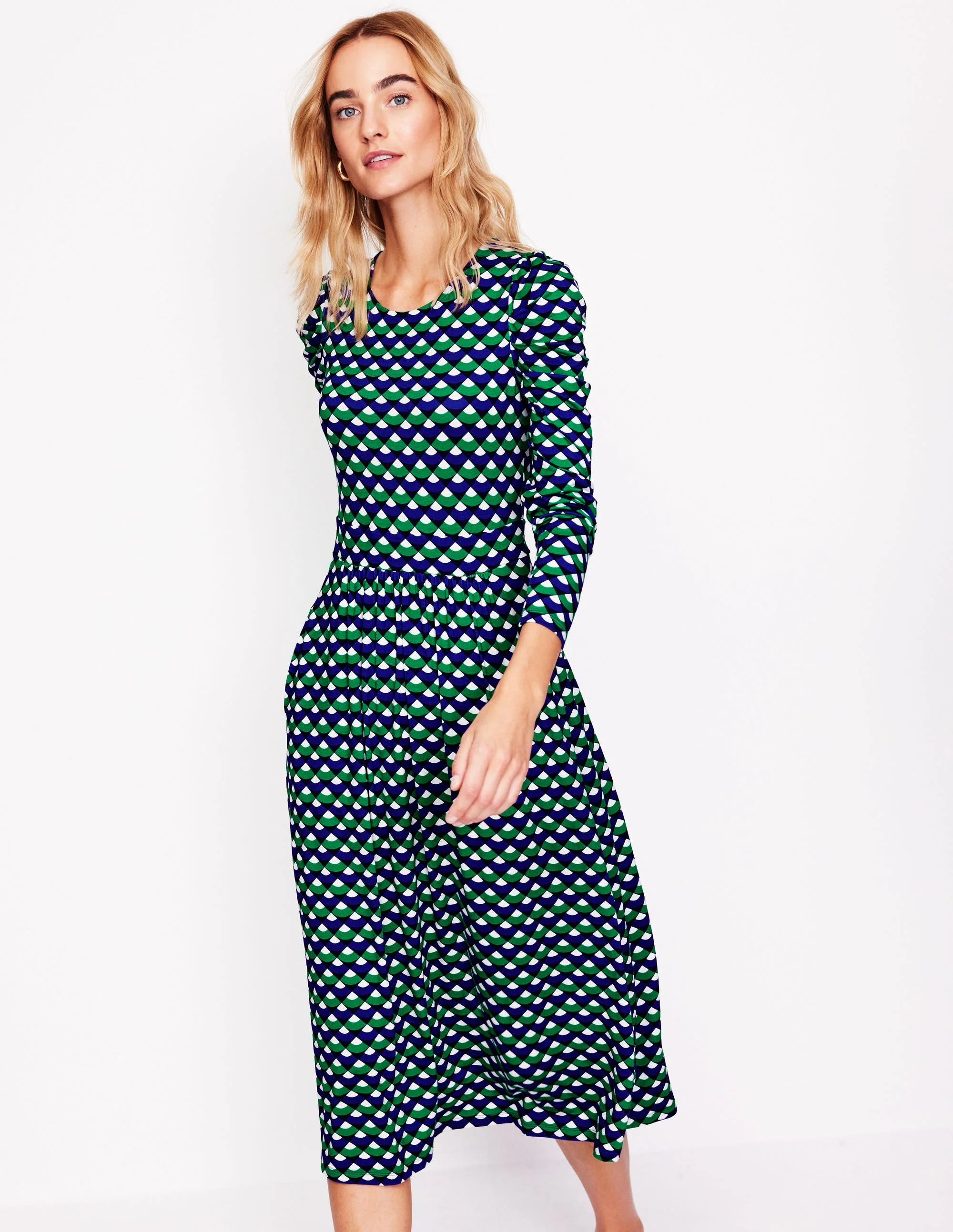 Blousonkleid mit Puffärmeln-Sattes Smaragdgrün, Bogensegment - Image 4