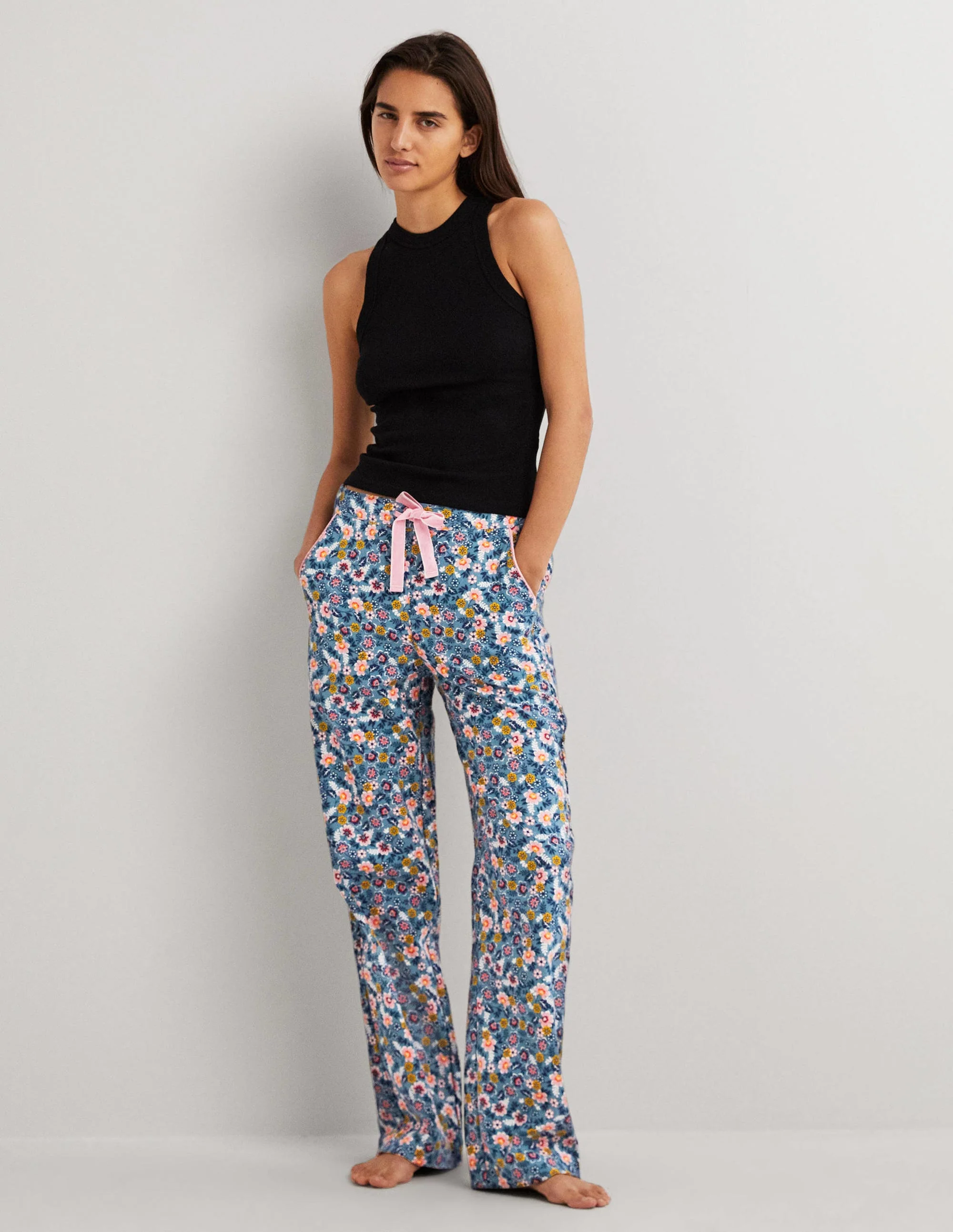 Blue Floral Pyjama Bottoms-Mittelblau, Üppige Blätter