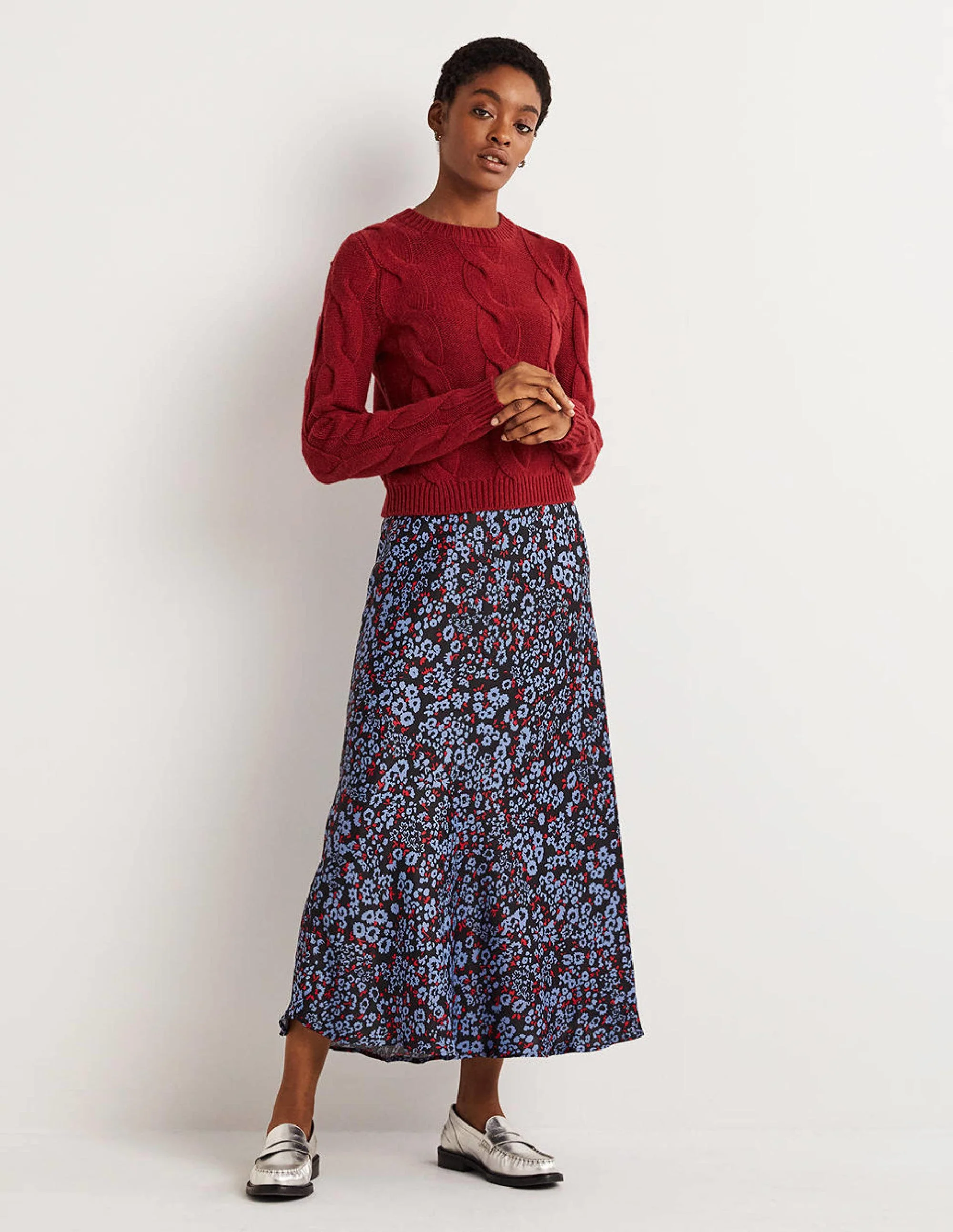 Blue Floral Satin Bias-Cut Midi Skirt-Rivierablau, Botanisches Muster
